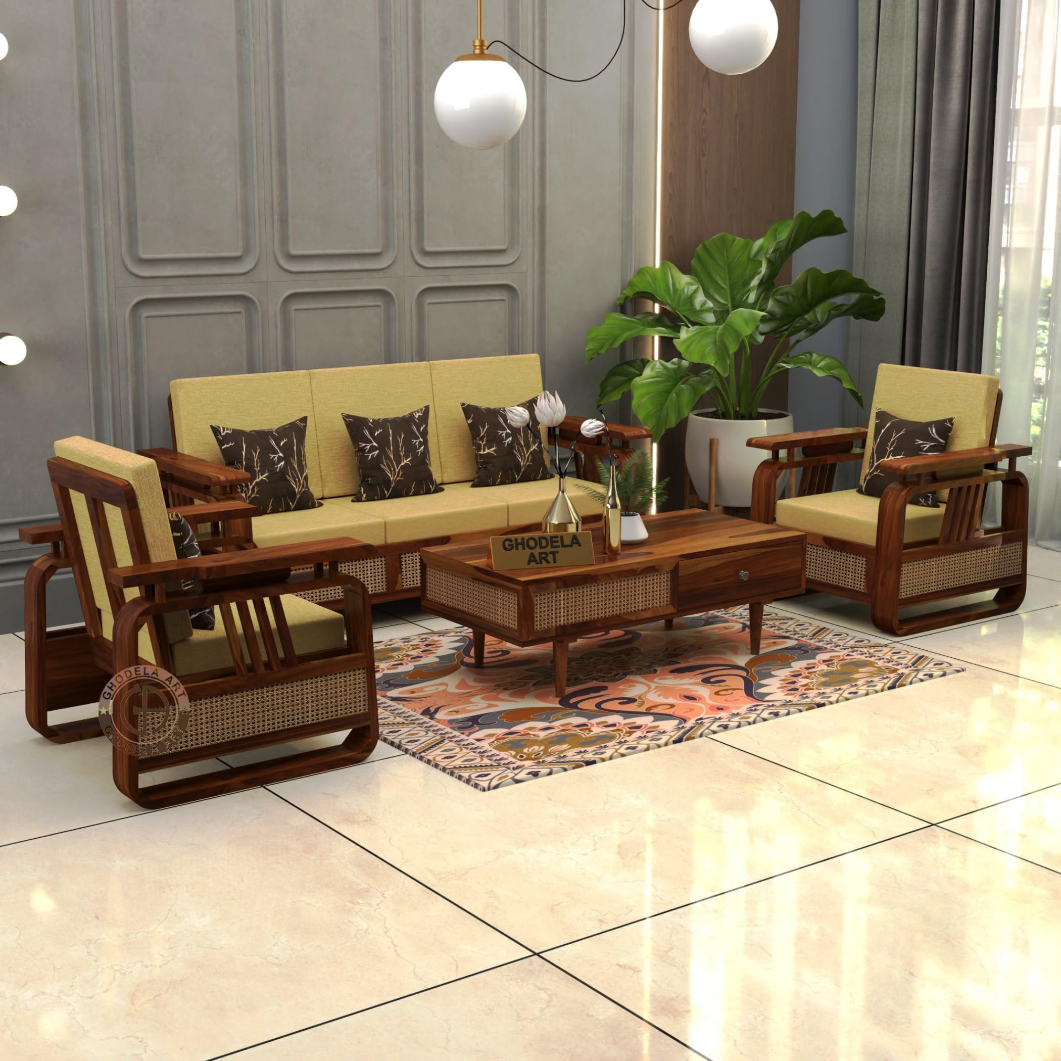 GHODELA ART Sheesham Wood 5 Seater Sofa Set for Living Room Home Office || 3+1+1 Solid Wood Sofa Sets Wooden Sofa Sets 5 Seater (Natural Finish)-image-26