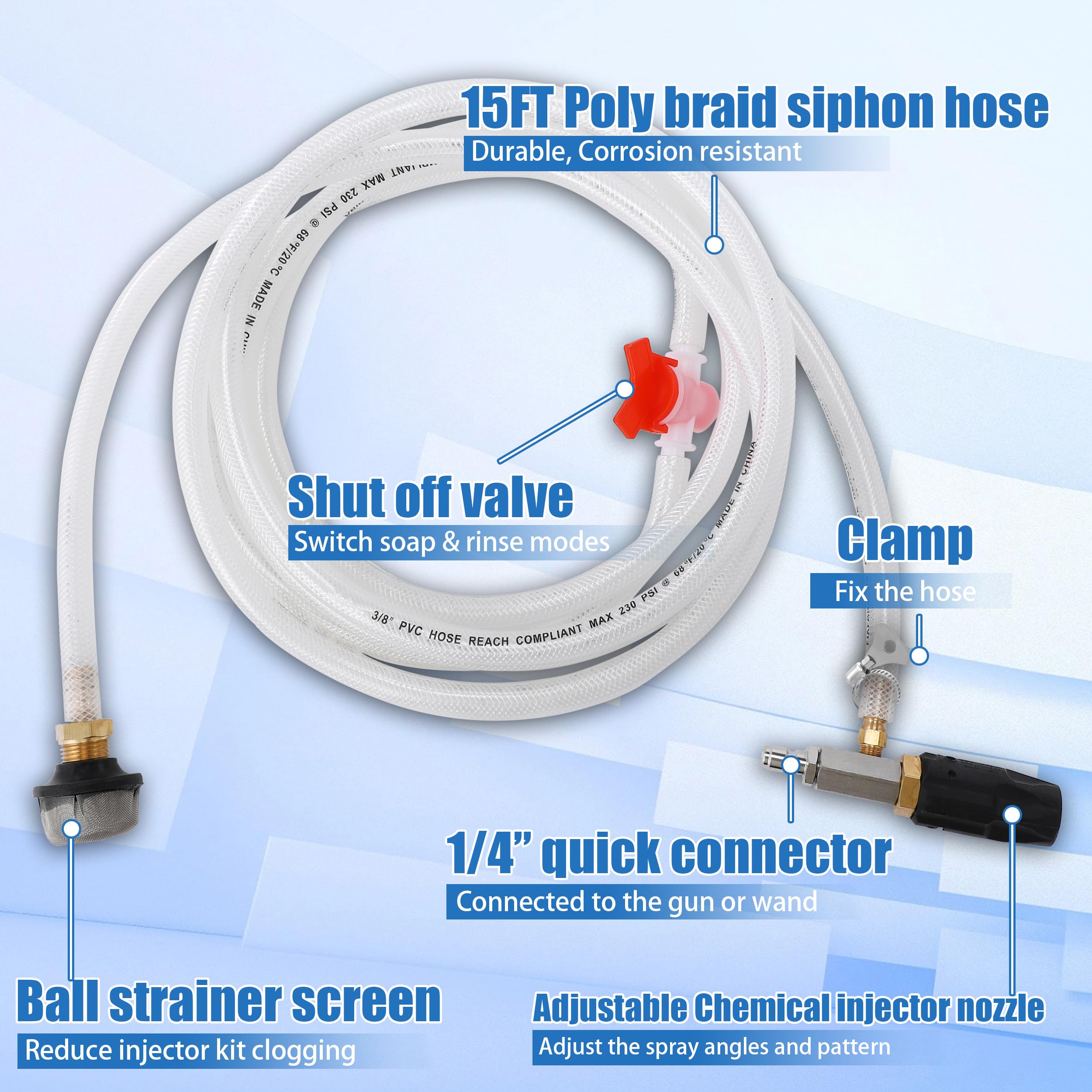 JOEJET Kit d'injecteur chimique réglable, buse de nettoyeur haute pression à longue portée, buse de lavage externe douce avec tuyau de siphon de 4,6 m, 2 à 2,5 GPM