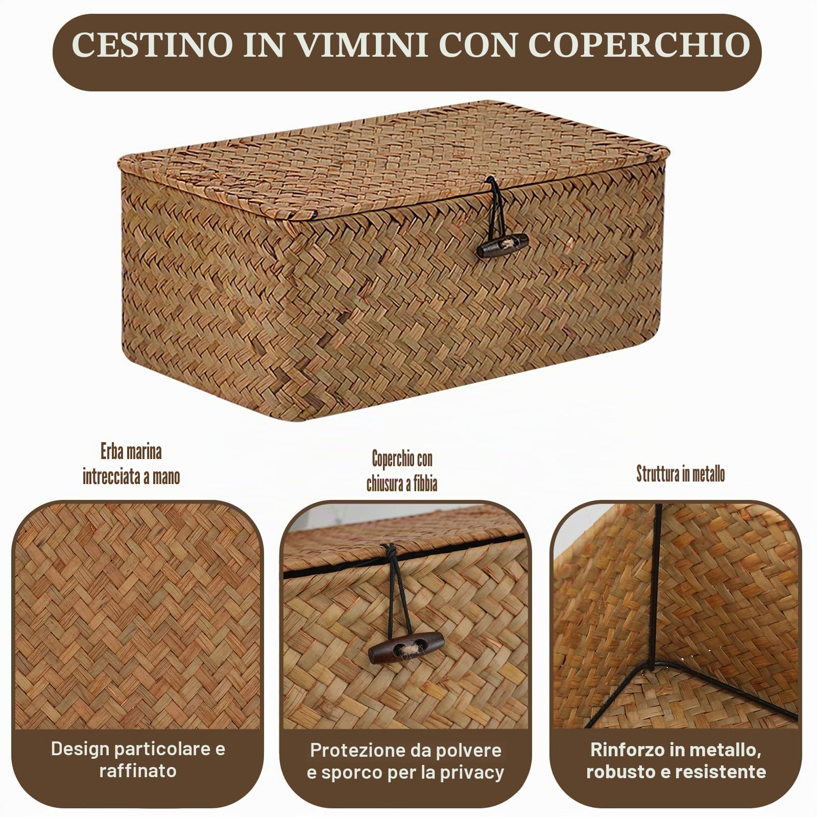 3 Pezzi Cestino in Rattan con Coperchio, Cestini da Scaffale in Seagrass Naturale, Scatola Portaoggetti Rettangolare Multiuso Scatole Organizer per Bagno Cucina e Soggiorno