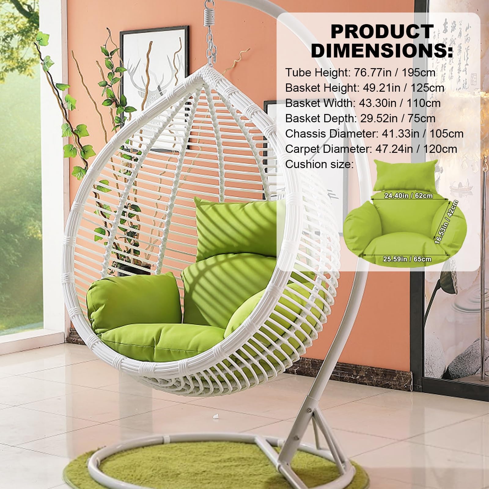 Silla de huevo colgante suave, extraíble, lavable, diseño grueso para patio, jardín, balcón, color marrón claro y blanco, perfecta para uso en exteriores e interiores