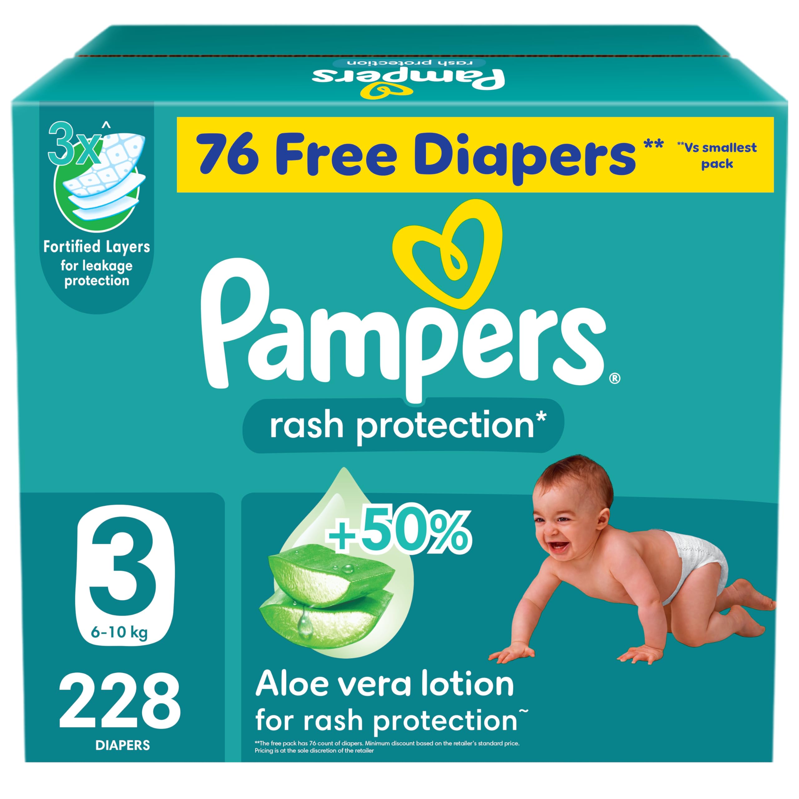 Pampers Rash Protection Taped Diapers, Size 3, 6-10kg, +50% Aloe Vera Lotion for Rash Protection, 3x Fortified Layers for Leakage Protection, Super Saver Box, 76 Free Diapers, 228 Count