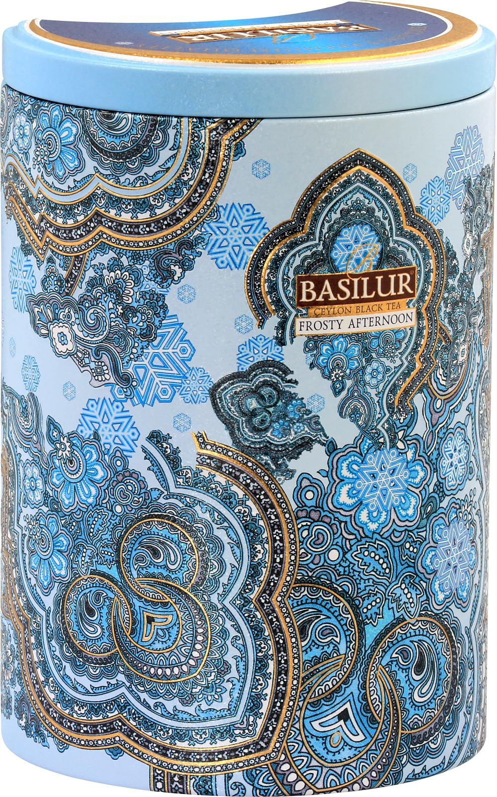 Basilur Ceylon Black Tea with white and blue cornflower Oriental Collection Frosty Afternoon in metal caddy, 100 gr