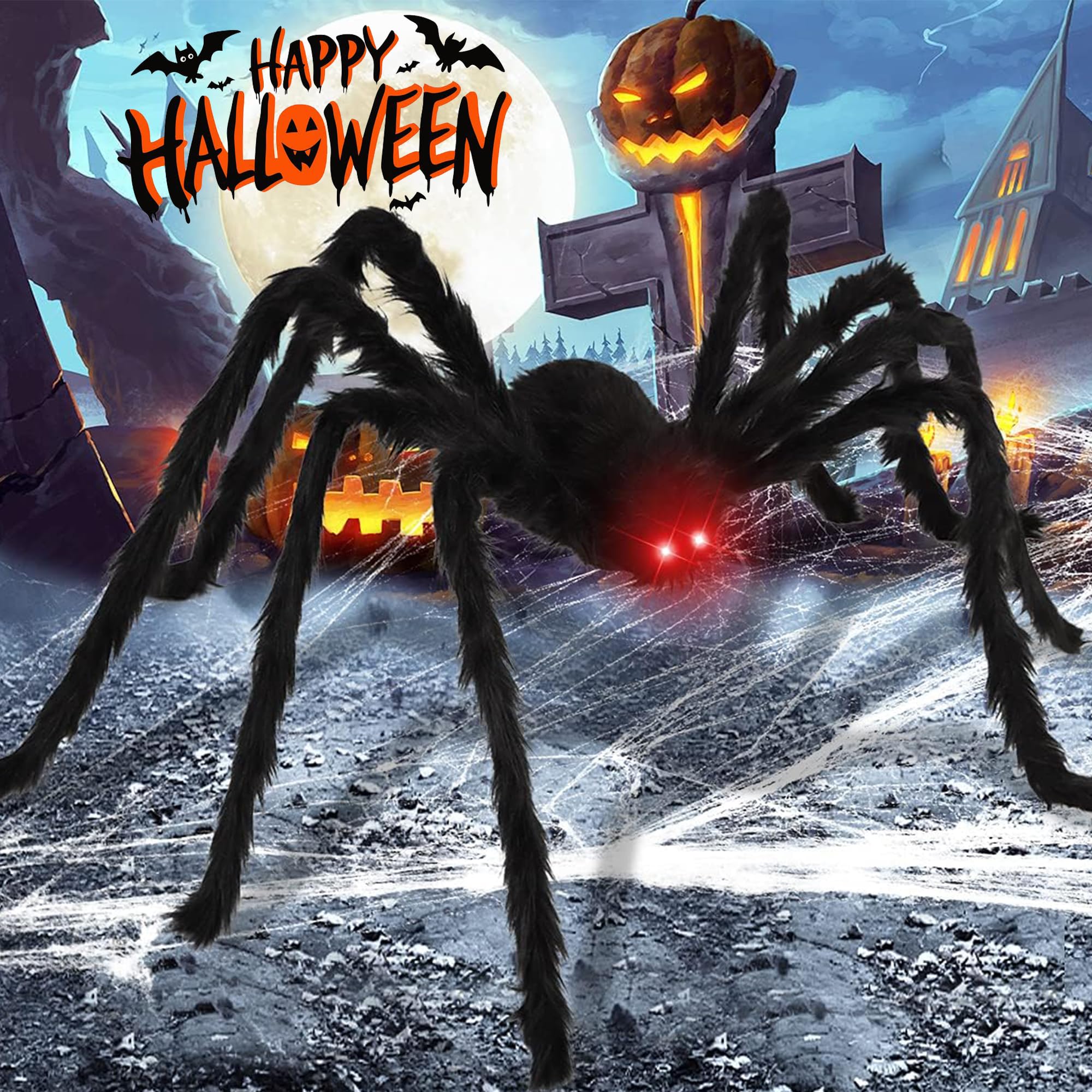 GRO VITS - Set di decorazioni per Halloween, 500 cm, triangolo gigante ragnatela con 5 picchetti di fissaggio e grande ragno peloso nero da 100 cm, oggetti di scena spaventosi per Halloween per casa