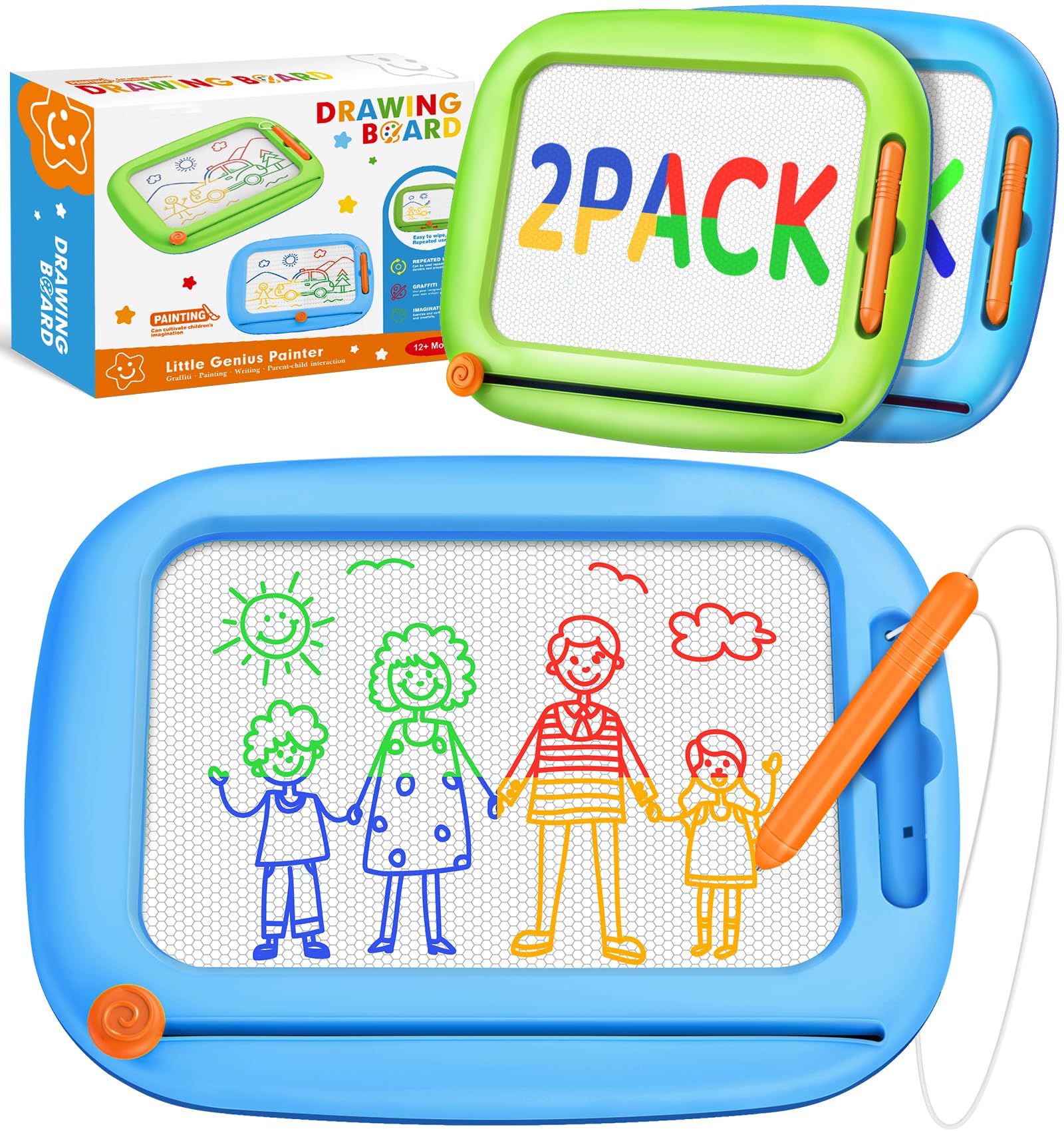 Paquete de 2 tableros de dibujo magnéticos, juguetes para niños de 1 a 2 y 2 a 3 años, para aprendizaje y escritura educativa, bloc de garabatos para niños pequeños de 1, 2 y 3 años, ideal como regalo