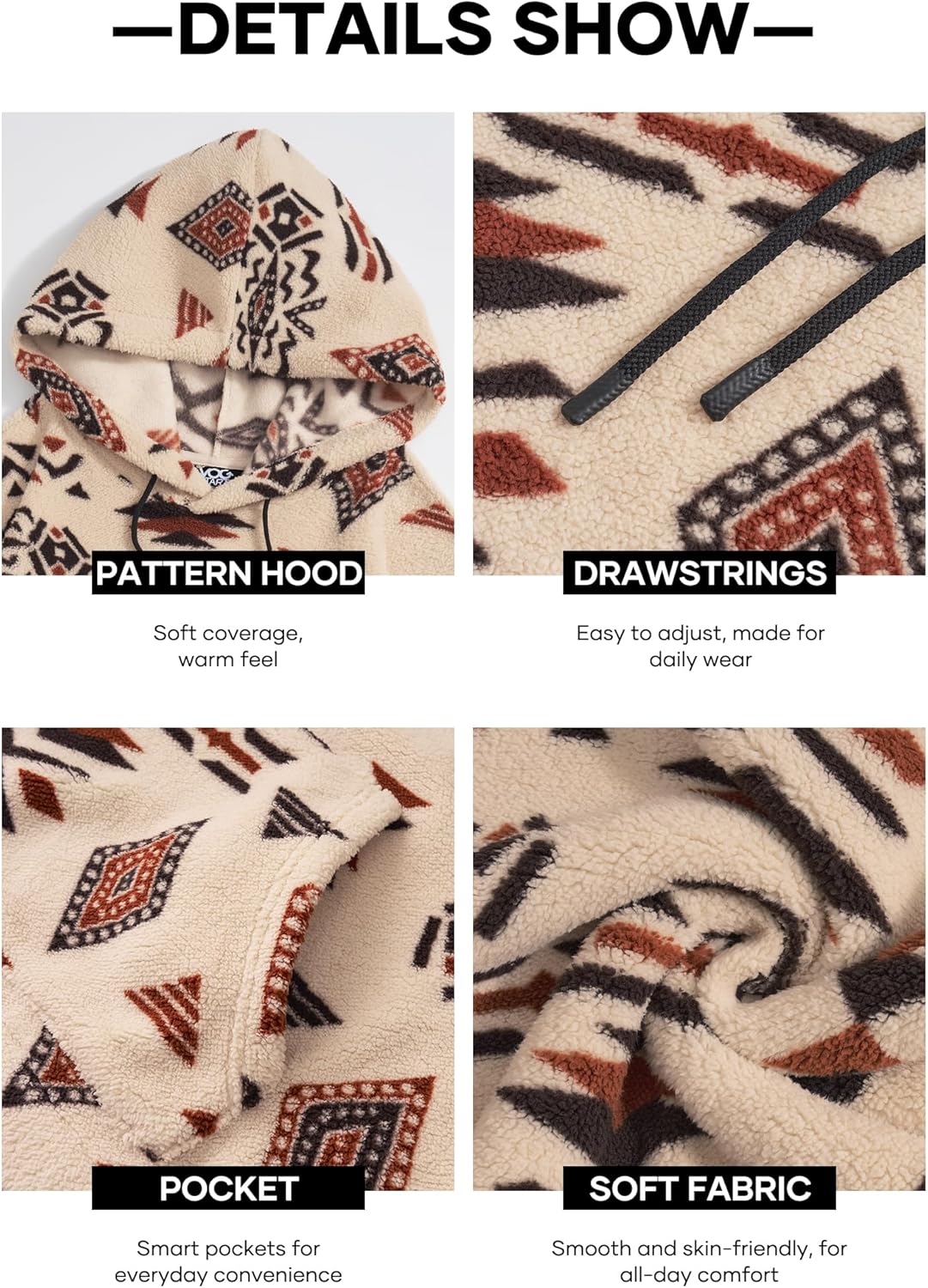 Mens Tribal Aztec Hoodie Sherpa Fluff Allover Print Long Sleeve Thermal Vintage Graphic Sweatshirt (S-XXL) - Image 6