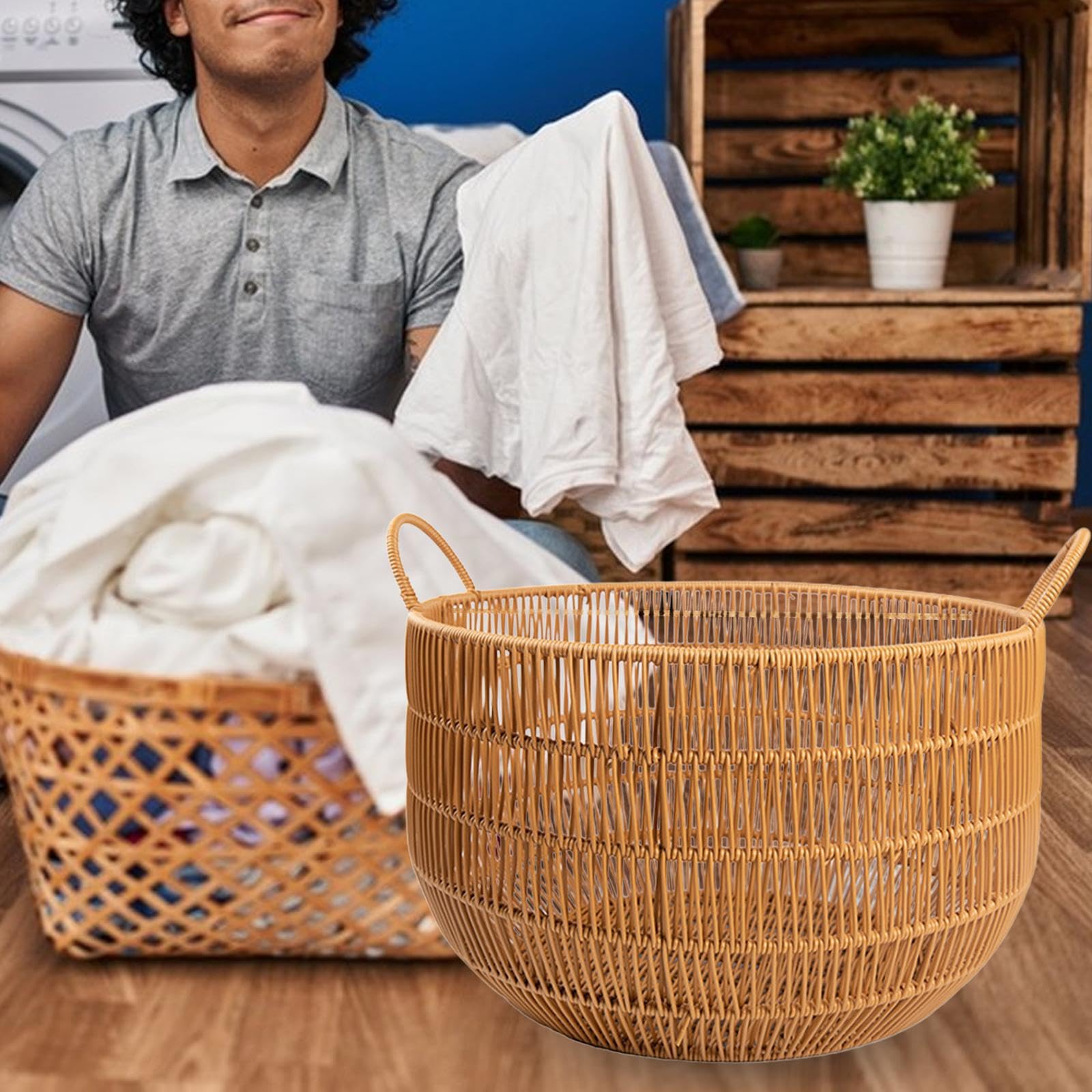 Cesto portabiancheria con manico, robusto contenitore intrecciato, | capacità per un facile accesso al bucato, cesto intrecciato con manico per bagno del dormitorio
