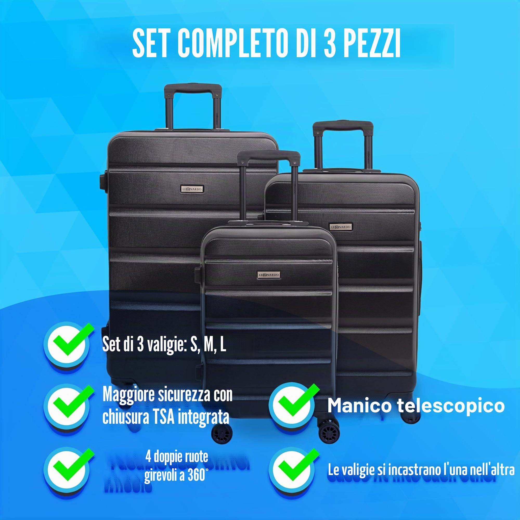 Leonardo® Bagage Grande Taille de Voyage | Valigia con Chiusura TSA | Valigia da Viaggio | Borsa da Viaggio con 4 Ruote Doppie | Bagaglio a Mano | Trolley | Valigia Rigida | Set S-M-L | Venezia | Nero