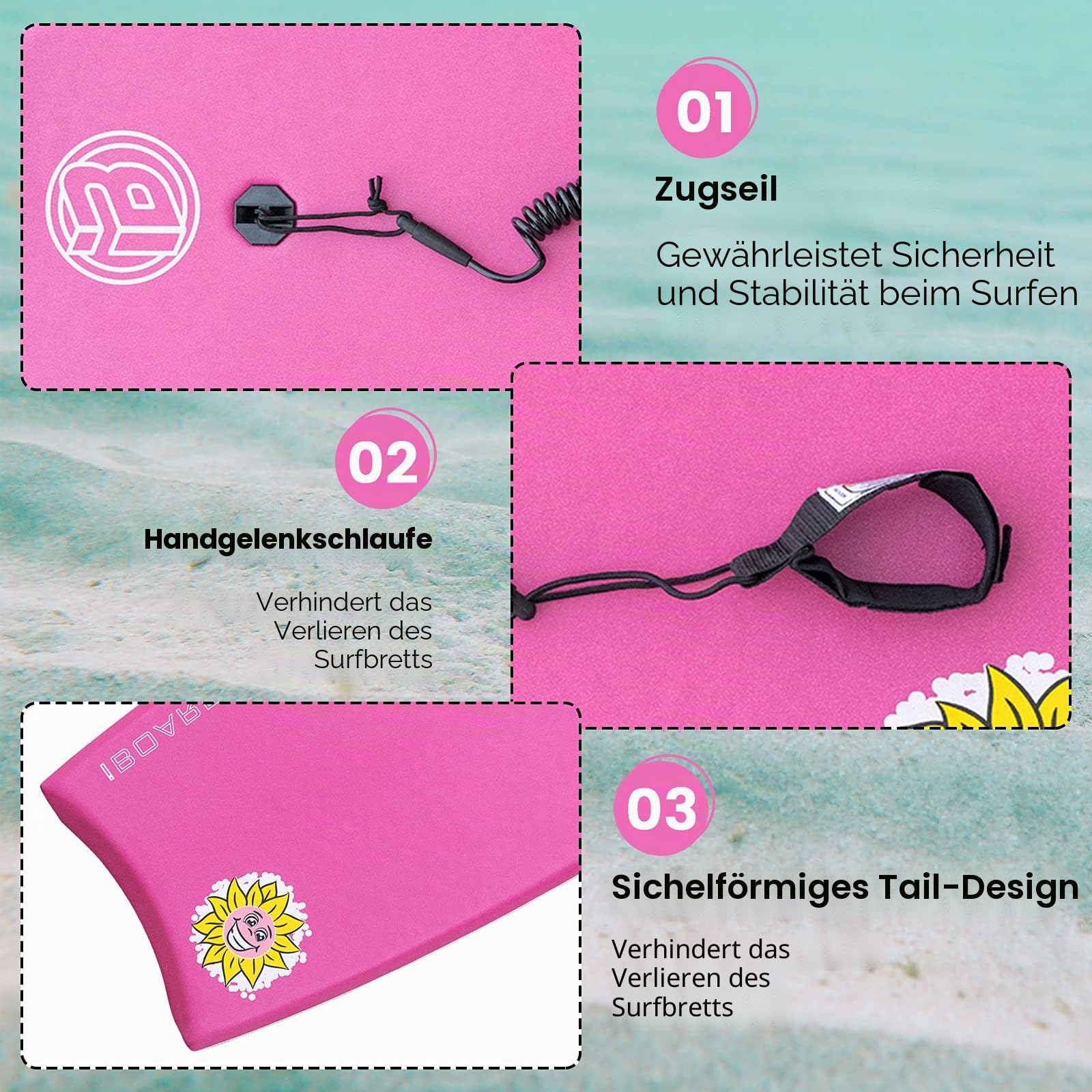 Body Board, 83 cm leichtes Bodyboard mit EPS-Abdeckung, Premium-Leine und Handschlaufe zum Surfen