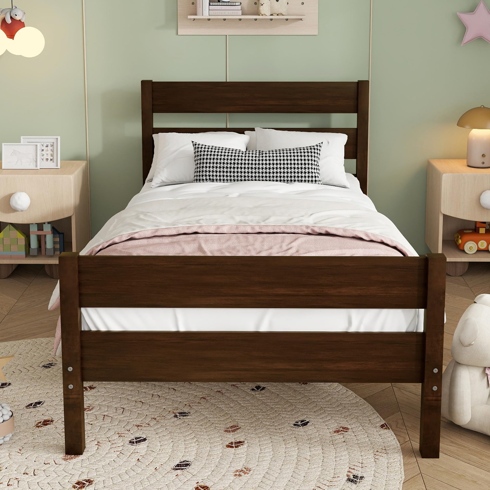 Duxelifin Twin Bed Frames Wood, Wood Twin Bed Frame with Headboard and Footboard, Platform Bed for Bedroom, Guset Room, No Box Spring Needed, Espresso