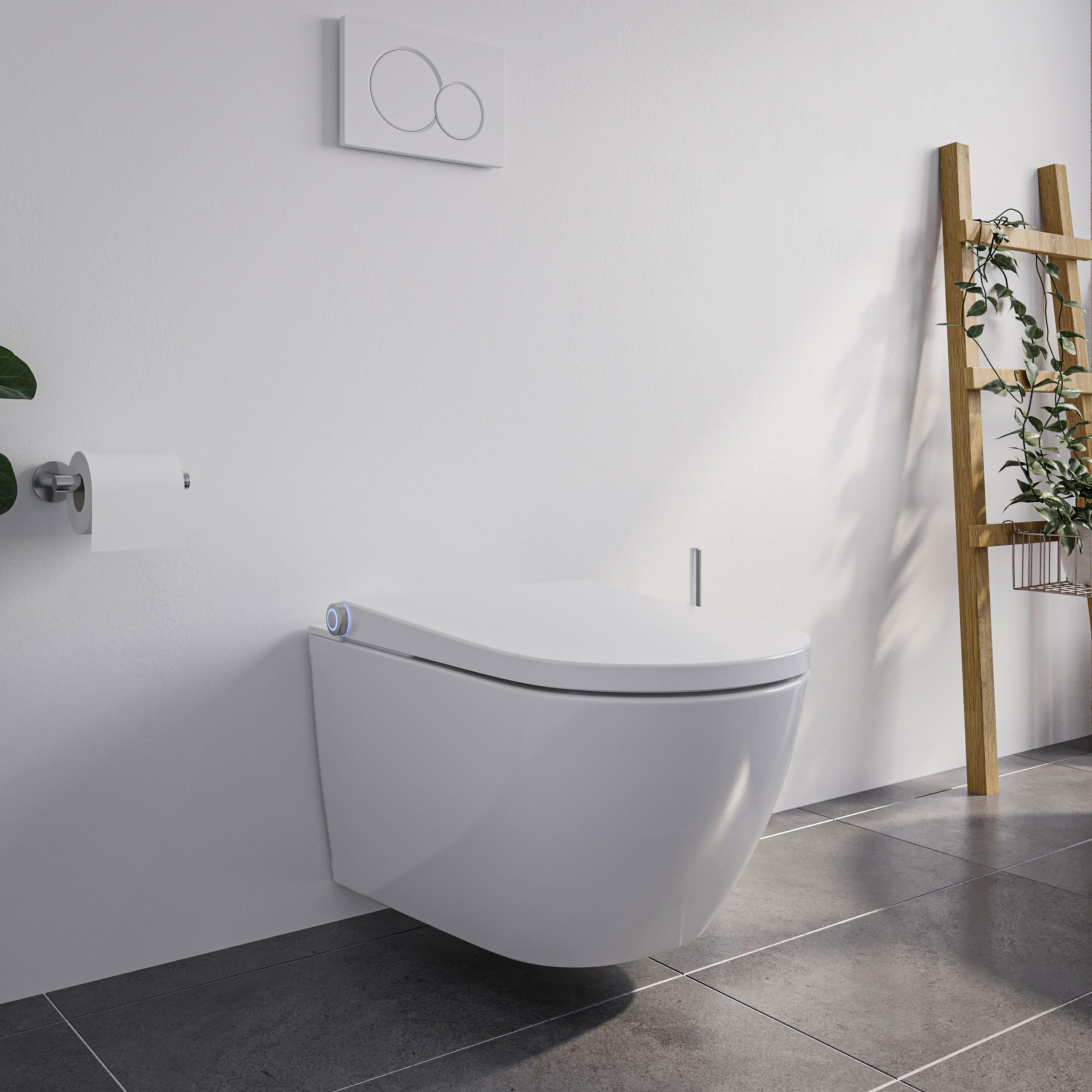 BERNSTEIN - Toilettes WC japonais suspendu lavant Cuvette céramique Blanc brillant + télécommande, jet douche, séchoir air chaud, filtre anti-odeurs, Chasse Vortex 180° - 59x38x38cm - Pro+1102