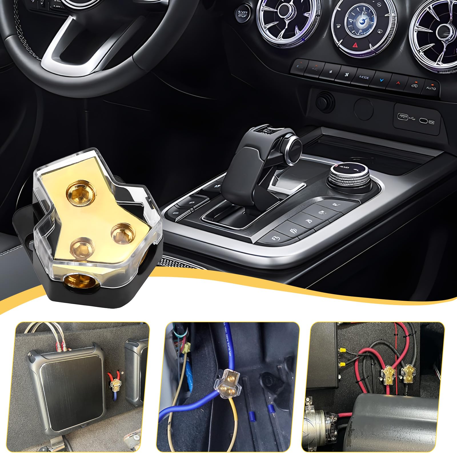 LPZMPZ 2-Wege Car HiFi Verteilerblock Power Reinkupfer Distribution Block 12v-Stromverteilerblock 1 In 2 Out Splitter für Car-Audio-Verkabelung KFZ Boot