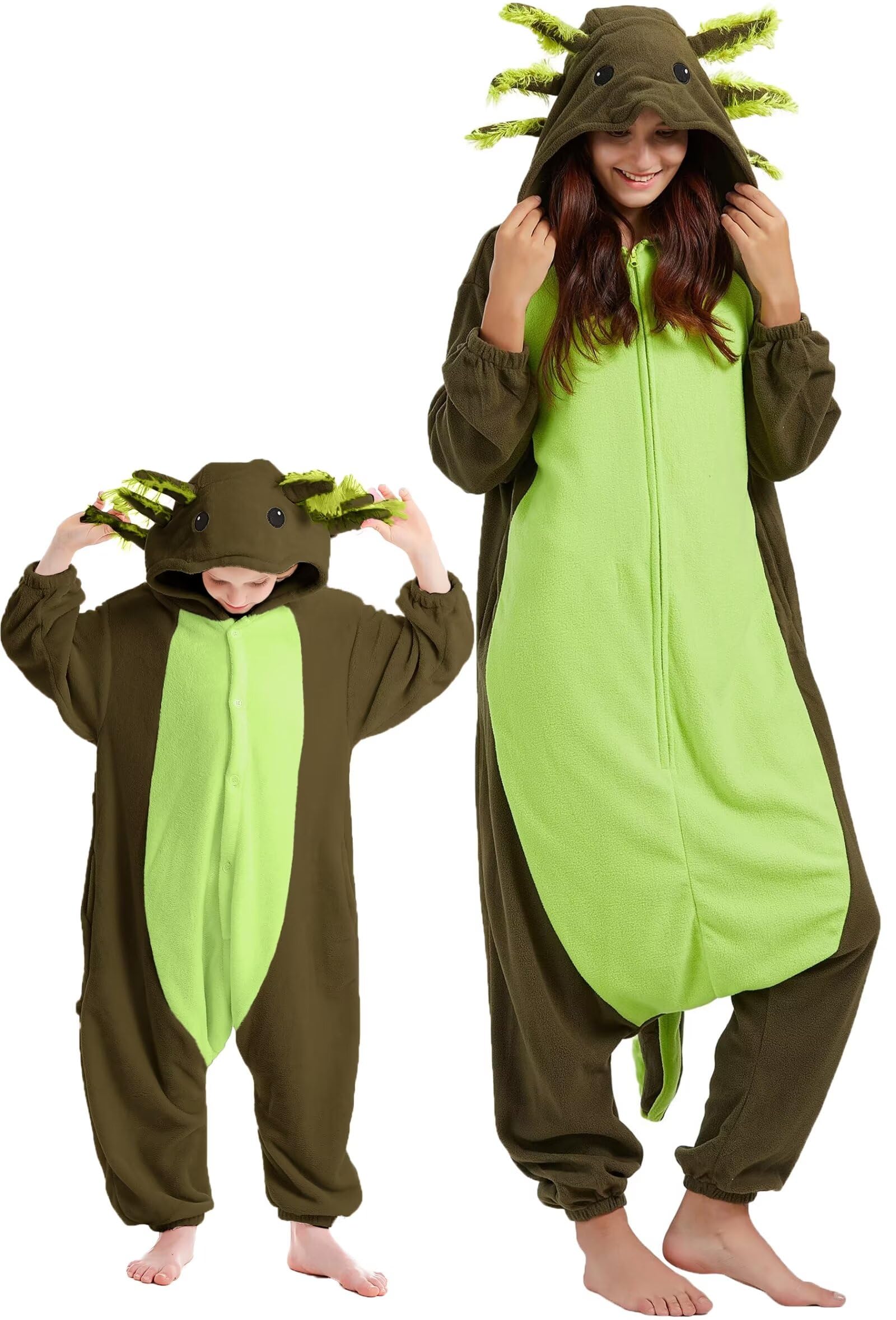 DarkCom Animal Onesie for Kids,Flannel Cosplay Green Axolotl Halloween Costume Parent-Child Sleepwear for Girls Boys 12-13 Years