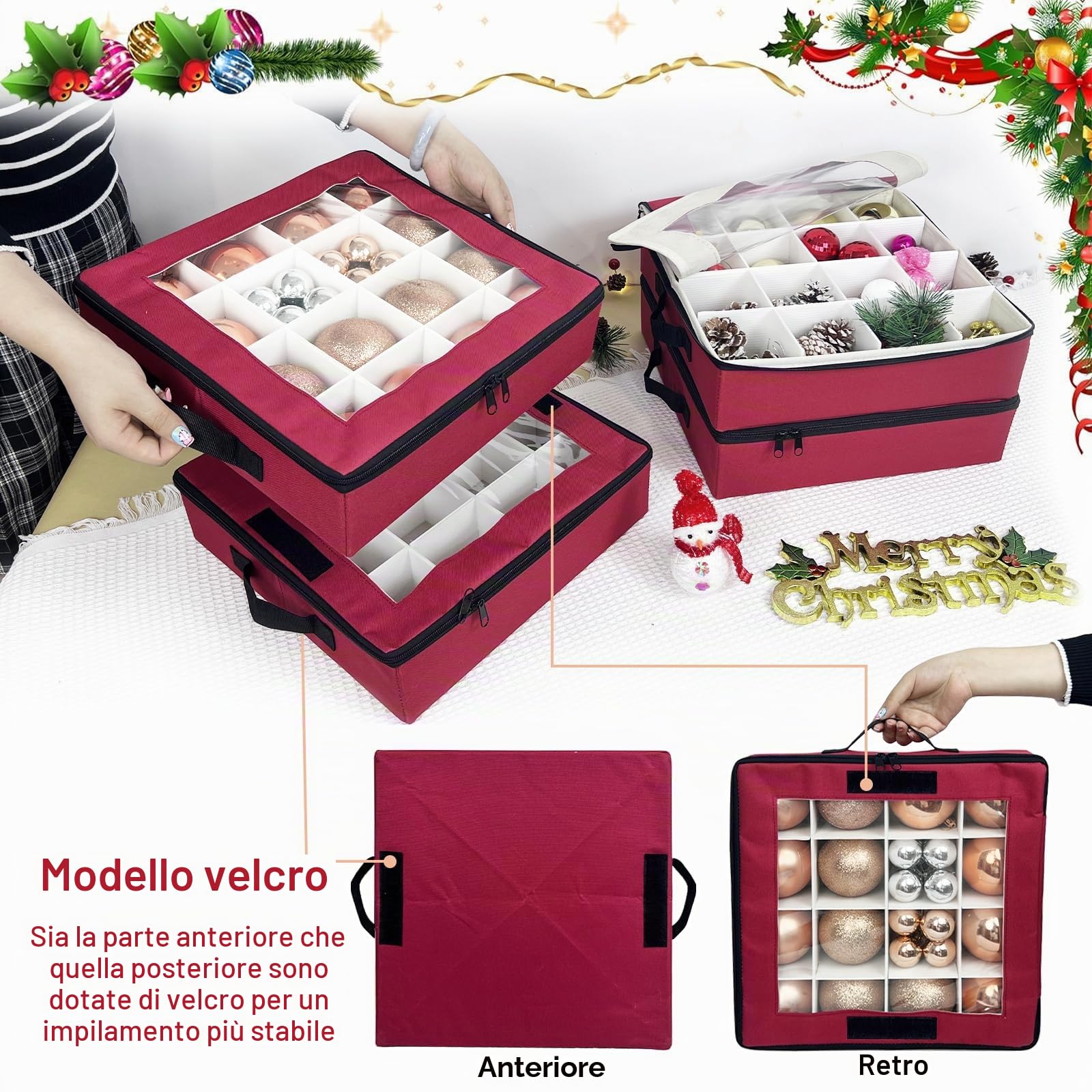 Scatola portaoggetti per ornamenti natalizi con divisori, 4 pezzi, organizer pieghevole per decorazioni natalizie, con 2 manici e coperchi, per le vacanze (rosso)