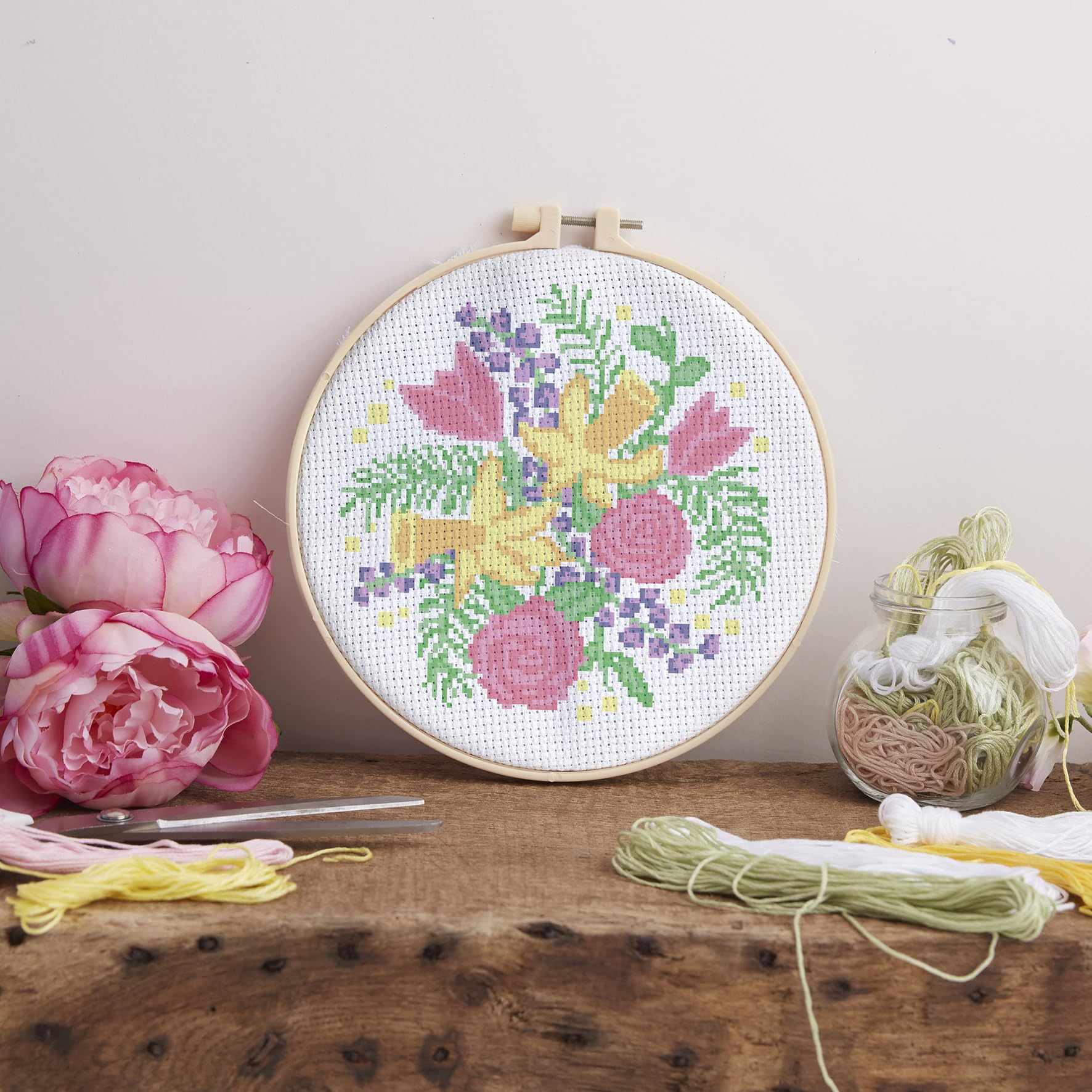 Lot De 4 Kits Broderie Pommes Fraises Sur Toile Lin Avec Cerceaux