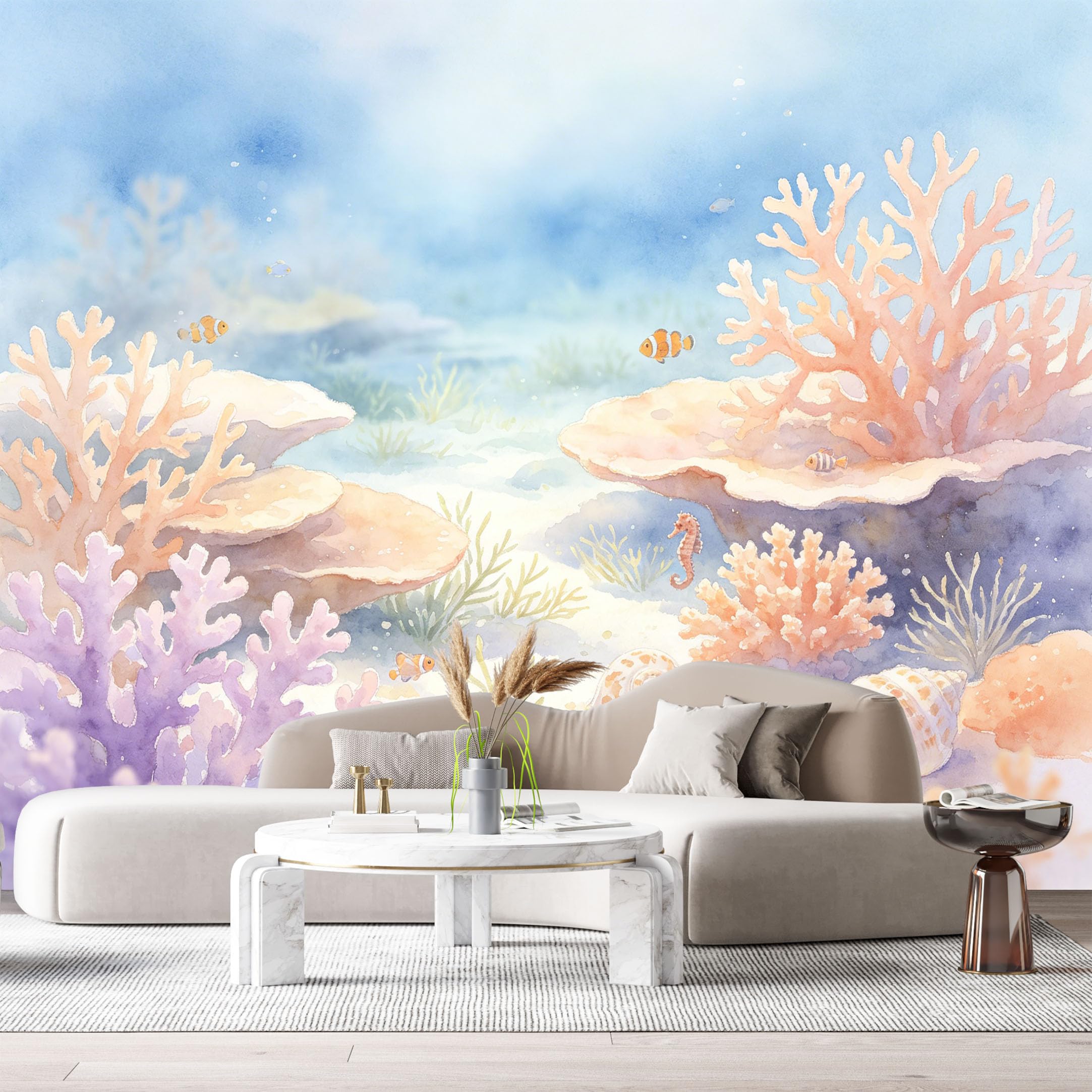 Custom Size Wall Murals Ocean Marine Watercolor Coral Reef Seashells SelfAdhesiveWall Fabric Removable Wallpaper Wall Decor for Living Room Bedroom Bathroom