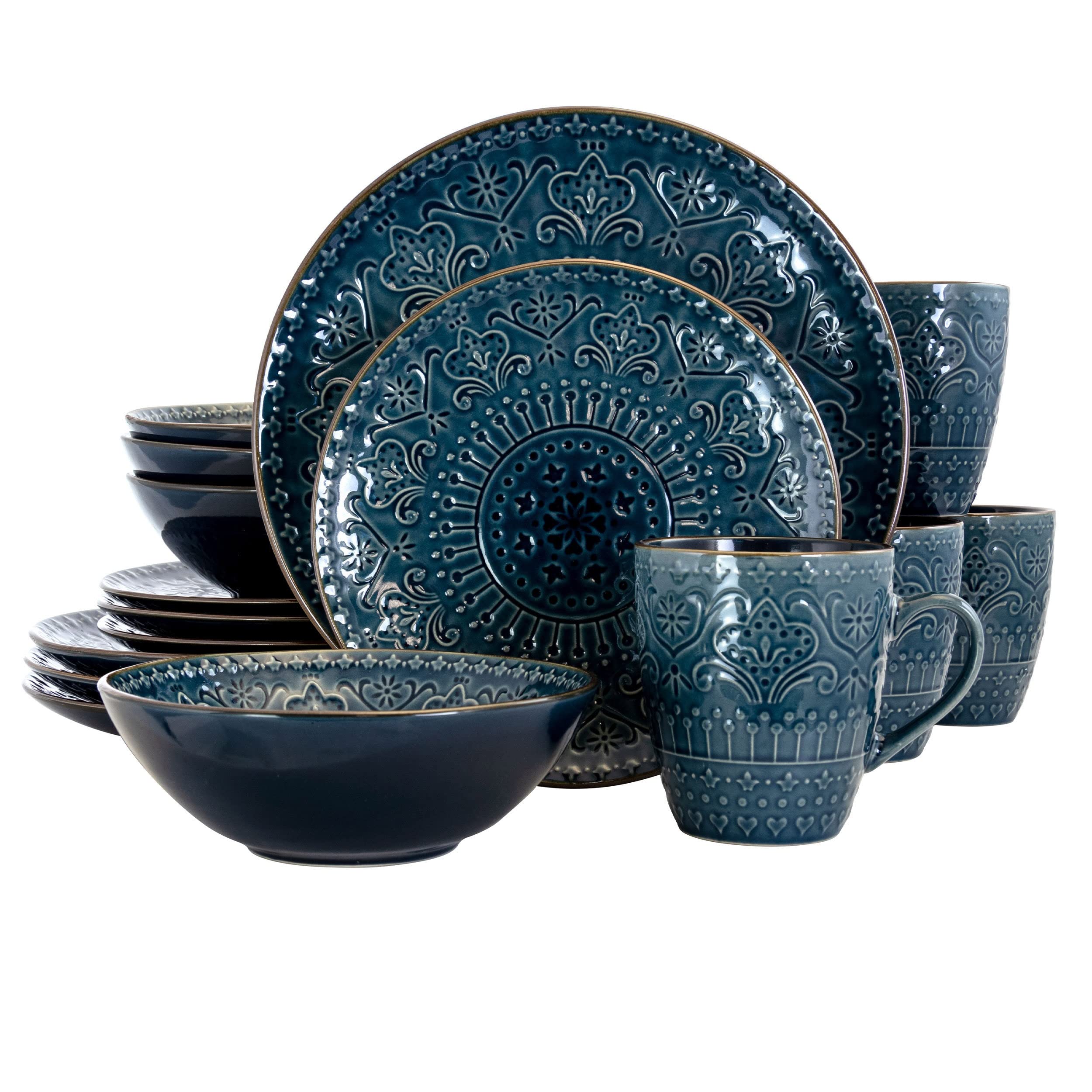 ElamaDeepsea Mozaic 16 Piece Round Stoneware Dinnerware Set in Sea Blue