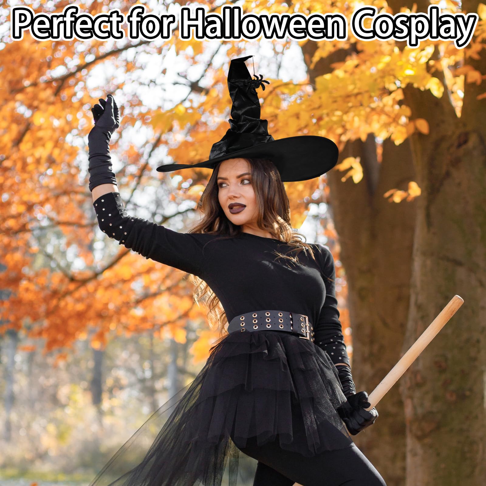 HSSPYY Witch Hat & Long Gloves Set for Women, Satin Foldable Witch Hat with Spider Charm & 45cm Stretch Gloves - Image 2