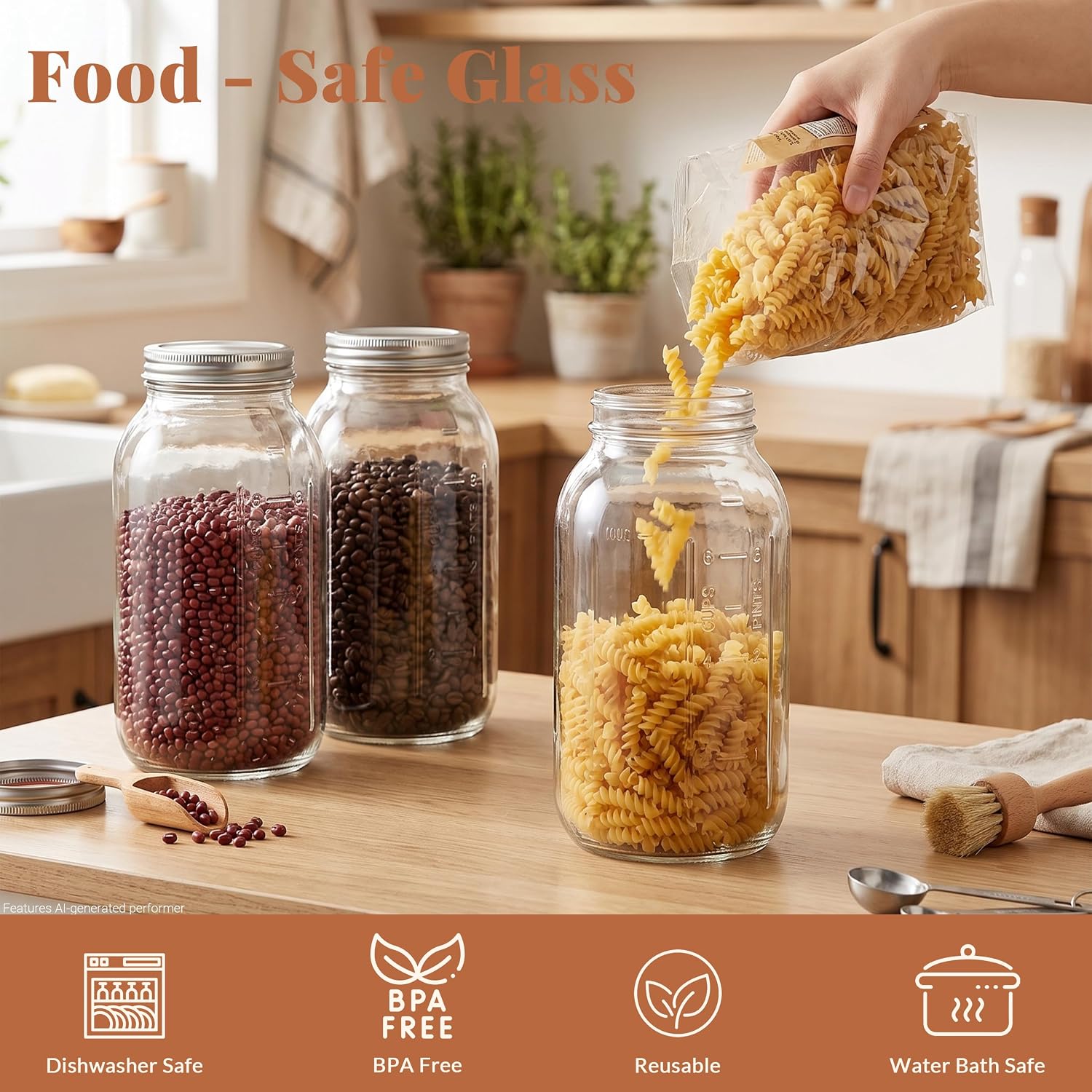 CycleMore Wide Mouth Jars 64 oz, 3 Pack Glass Mason Jar with Airtight Lids