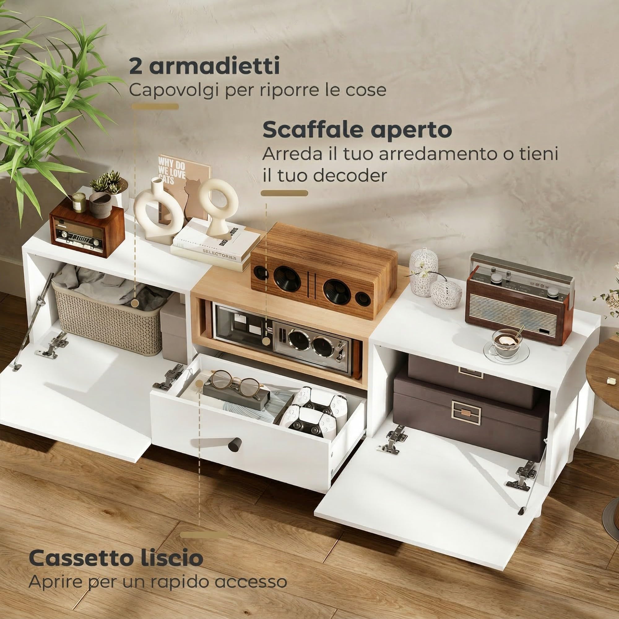 HOMCOM Mobile TV con 2 Ante a Ribalta, Cerniere Soft Close, Cassetto e Ripiano Aperto, Mobile Porta TV Fino a 70", 8 Gambe per Soggiorno o Camera da Letto, 150x35x45 cm, Bianco e Color Legno
