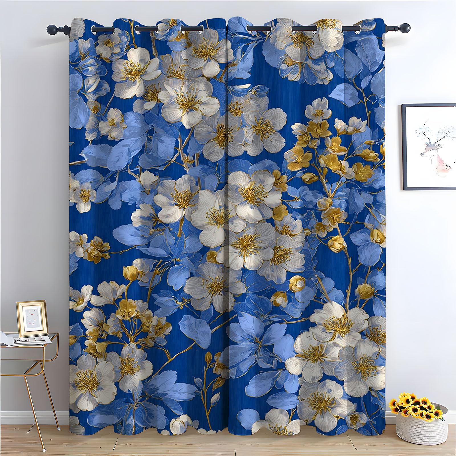 TERUEA Curtains for Spring Scenery Elegant white gold cherry blossom vintage floral Textured Farmhouse Curtains Leaf Printed Rustic Drapes Window Treatment-63 W x 90" L (Pack of 2)