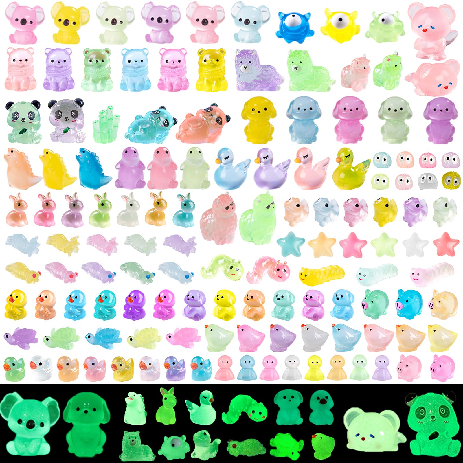 BXYIIGRU 130 Pcs Mini Resin Animals Kit to Hide Luminous Tiny Animals Figurines Mini Ducks Alpaca Lizard Glow in The Dark for Miniature Landscape