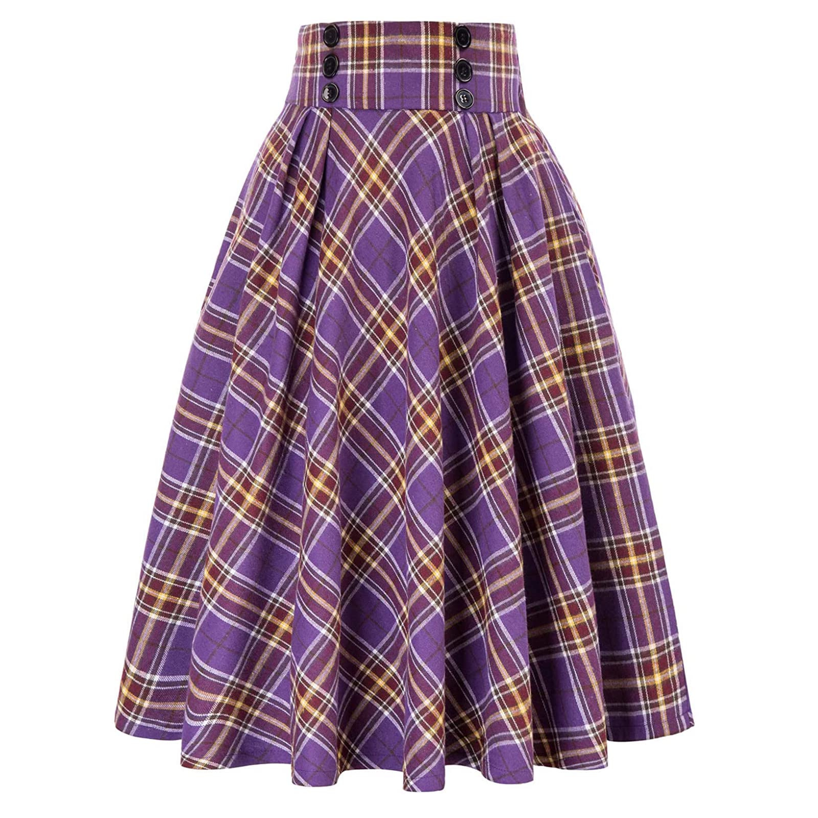 Artykey Women's Purple Plaid Vintage Elegant Plaid Long Skirt High Waist Elastic Waist A-Line Midi Pleated Skirt Swing Skirt L