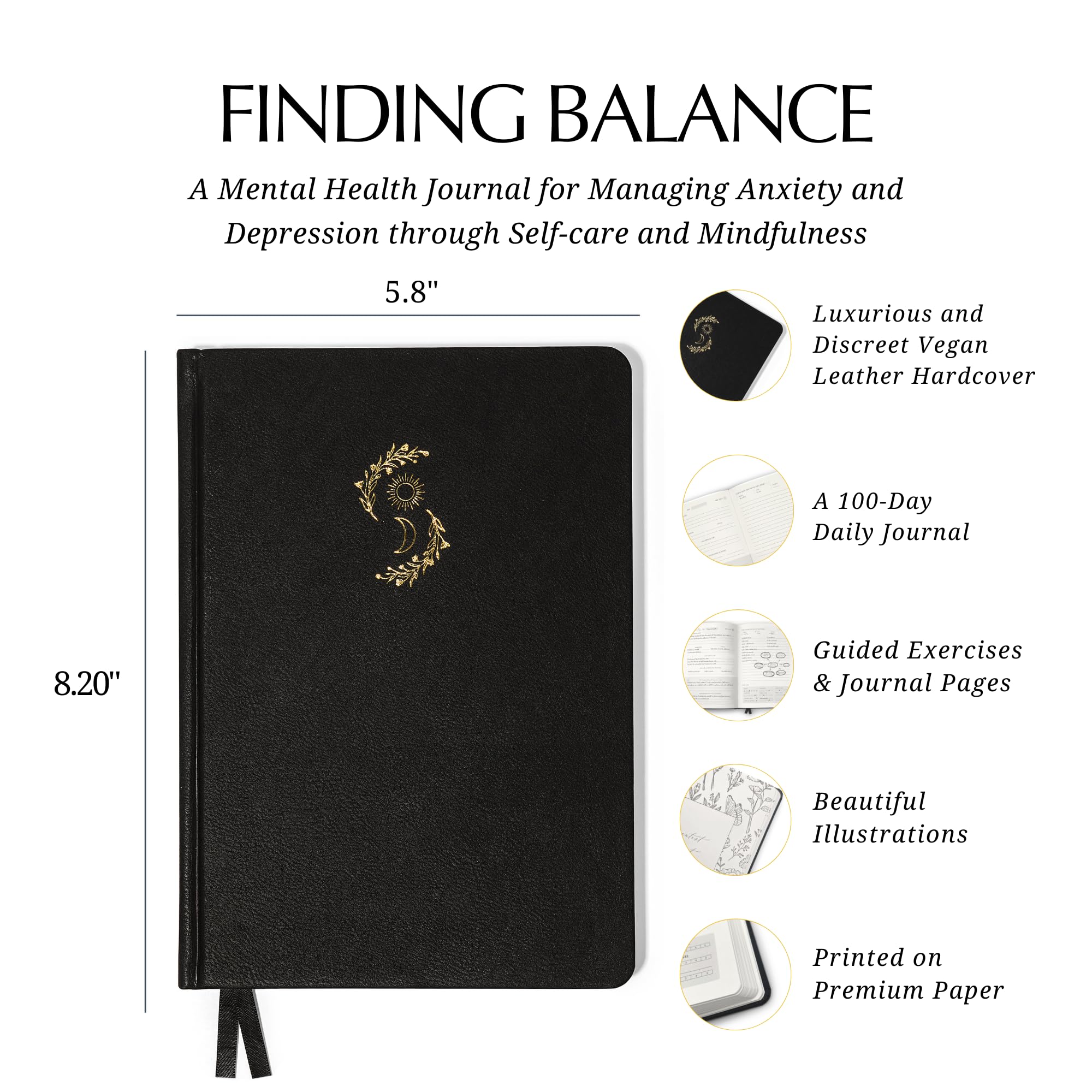 LIFTINSPIRE CO. FINDING BALANCE - Diario de salud mental de 100 días, diario con indicaciones para atención plena, cuidado personal y curación, alivio de la ansiedad y la depresión, tapa dura negra