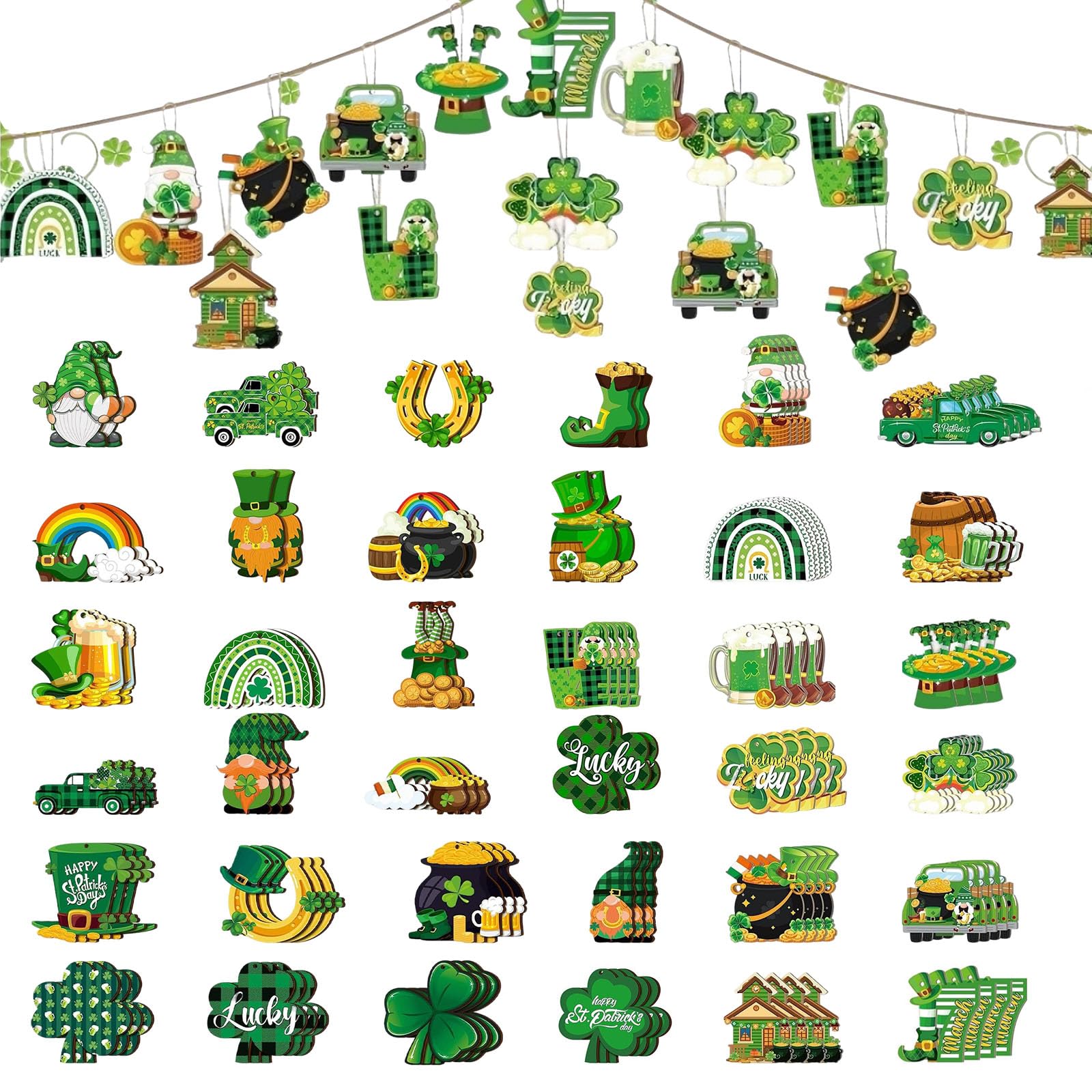 St Patricks Day Hanging Decorations, 36 Pcs Wooden Irish Gnome Hanging Ornaments with Ropes, St Patrick's Day Shamrock Gift Tags Pendant for Tree Door Fireplace Party Supplies