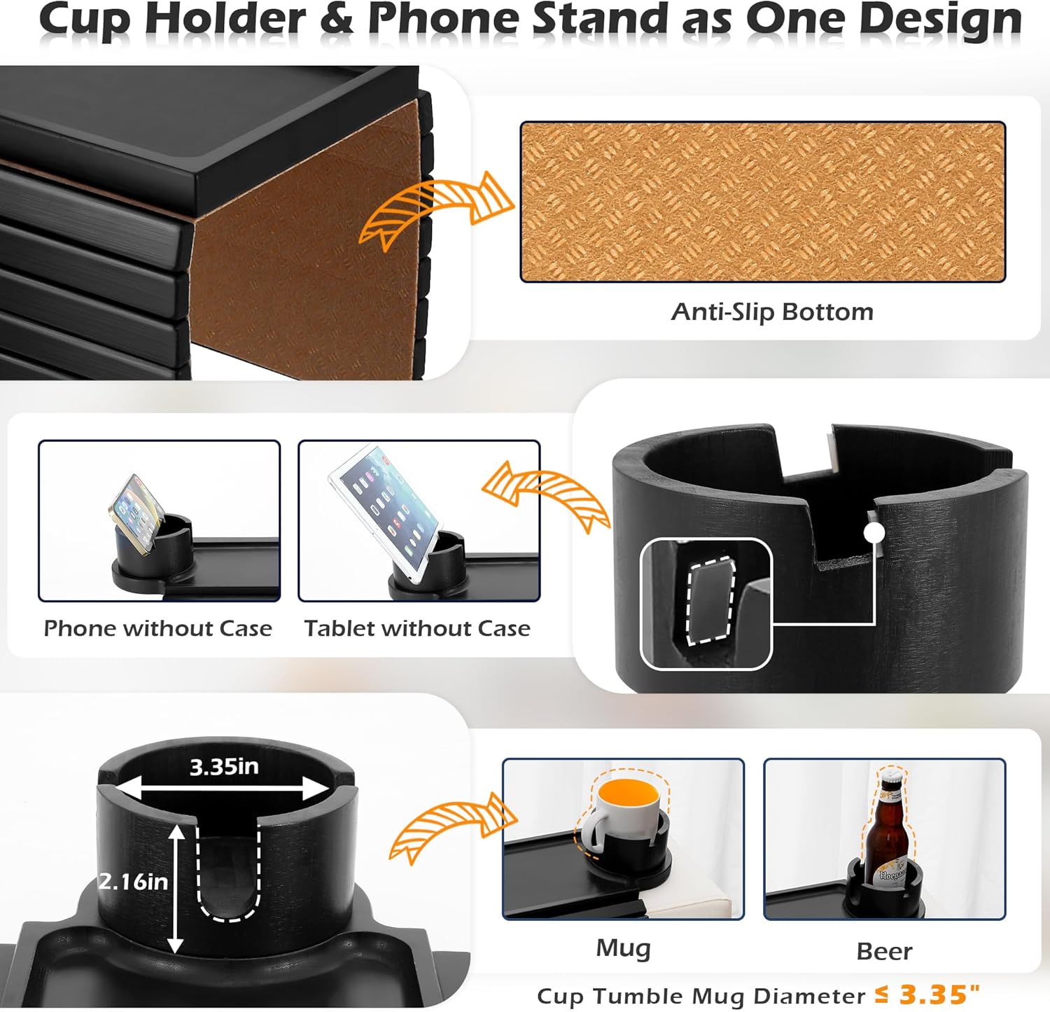 Couch Cup Holder Tray, Bamboo Couch Armrest Table Tray with Cup Holder, Folding Couch Arm Cup Holder for Snack Drink Eating Table