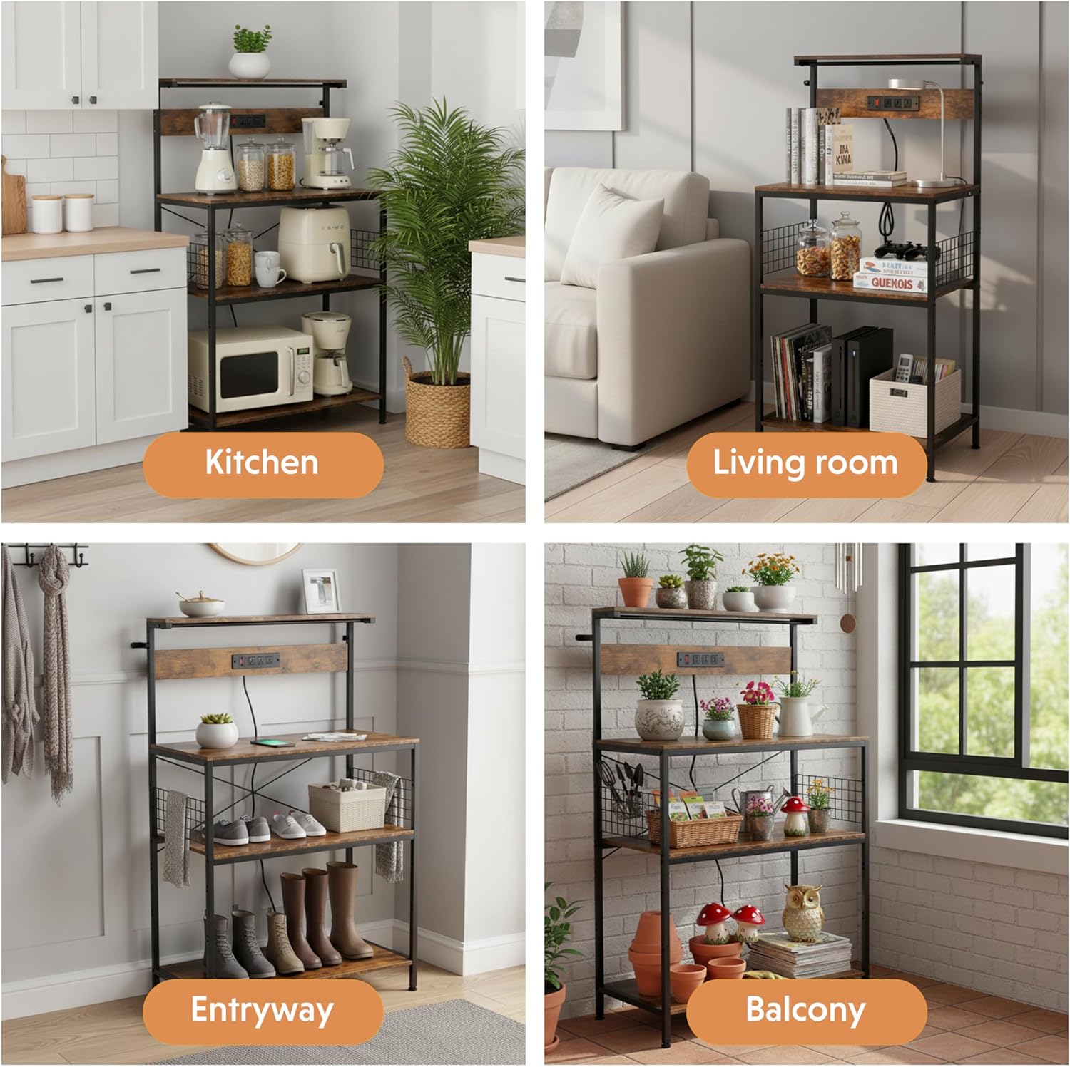 Simple Deluxe Kitchen Bakers Rack with Power Outlet, Coffee Bar Accessories Table, 4-Tier Adjustable Storage Shelf for Spices, Freestanding Appliance Organizer, 31.5 Inch, Rustic Brown