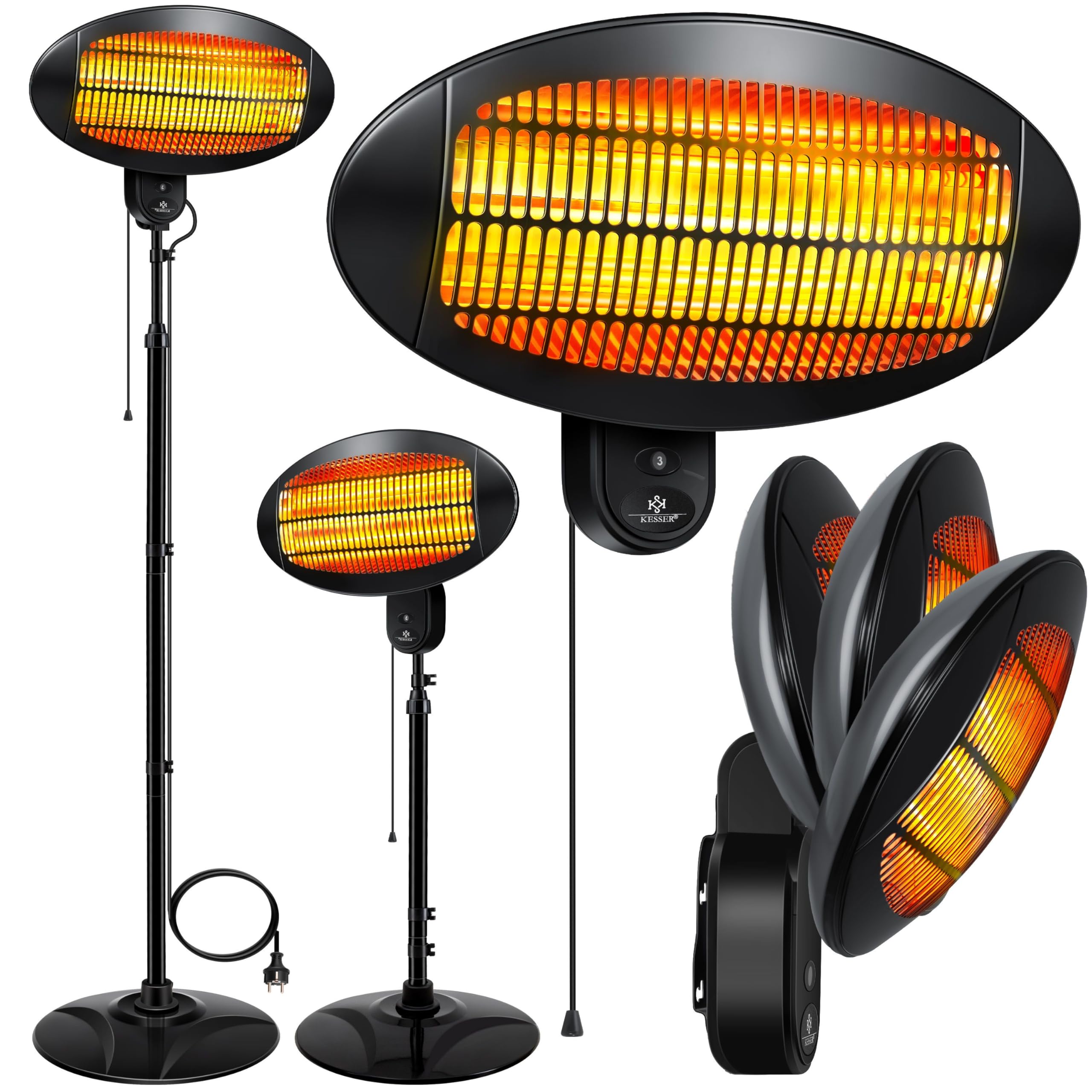 KESSER® Infrarot Wickeltischstrahler Wärmelampe für Baby, 2000W Heizlüfter Standgerät | Wandmontage Heizstrahler, mit Kippsicherung, 3 Stufen Rotlicht Heizung, Indoor Outdoor, Stand | Wand, schwarz