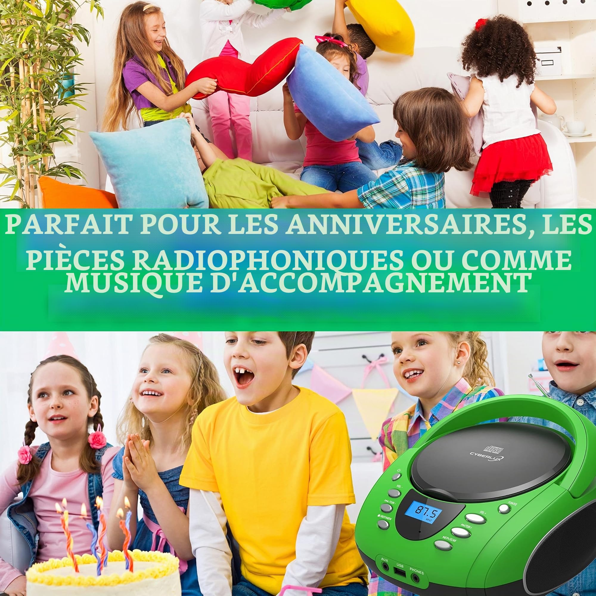 Boombox Portable CD/CD-R USB FM Radio Entrée AUX Casque Lecteur CD Enfant Chaîne Stéréo Système Compact (Golo Green)
