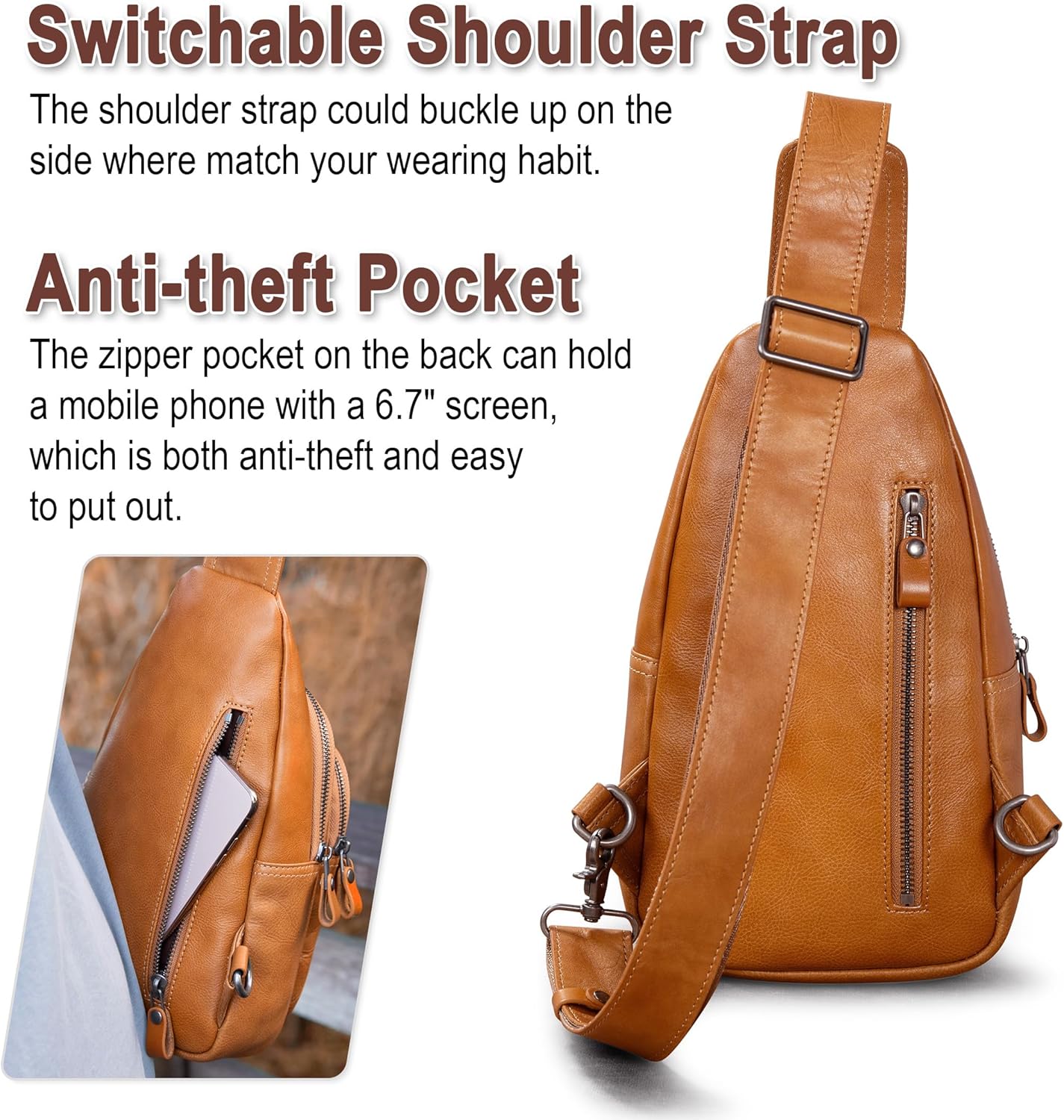 Genuine Leather Sling Bag for Men and Women Crossbody Shoulder Bag Sling Backpack Chest Purse Carry on Casual Daypack | Genuine Leather, Shoulder Bag, Carry on, Casual, Daypack - Image 5