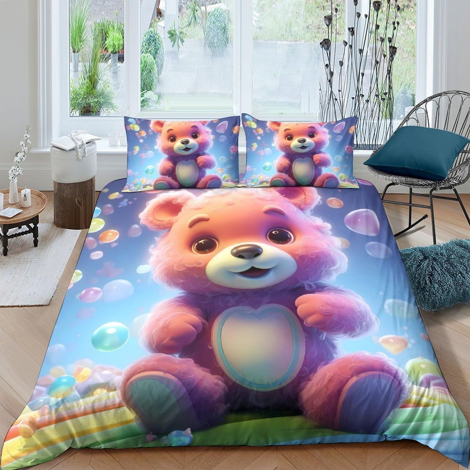 Ctjqhvkz Style-3 3D Printed Pink Teddy Bear Fitted Sheet Microfiber Soft Non-Slip Bed Cover For Bedroom Guest Room Machine Washable Single（135X200cm）