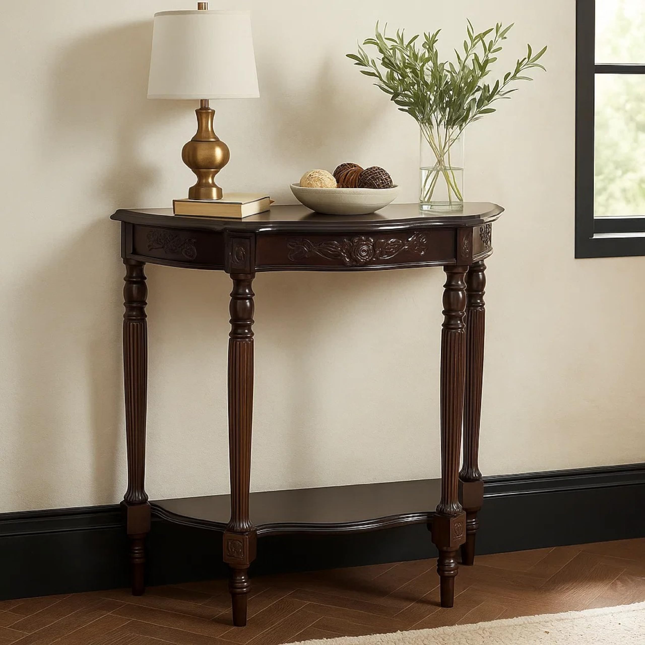 Snapklik.com : Half Crescent Moon Shape Engraved Wooden Console Table
