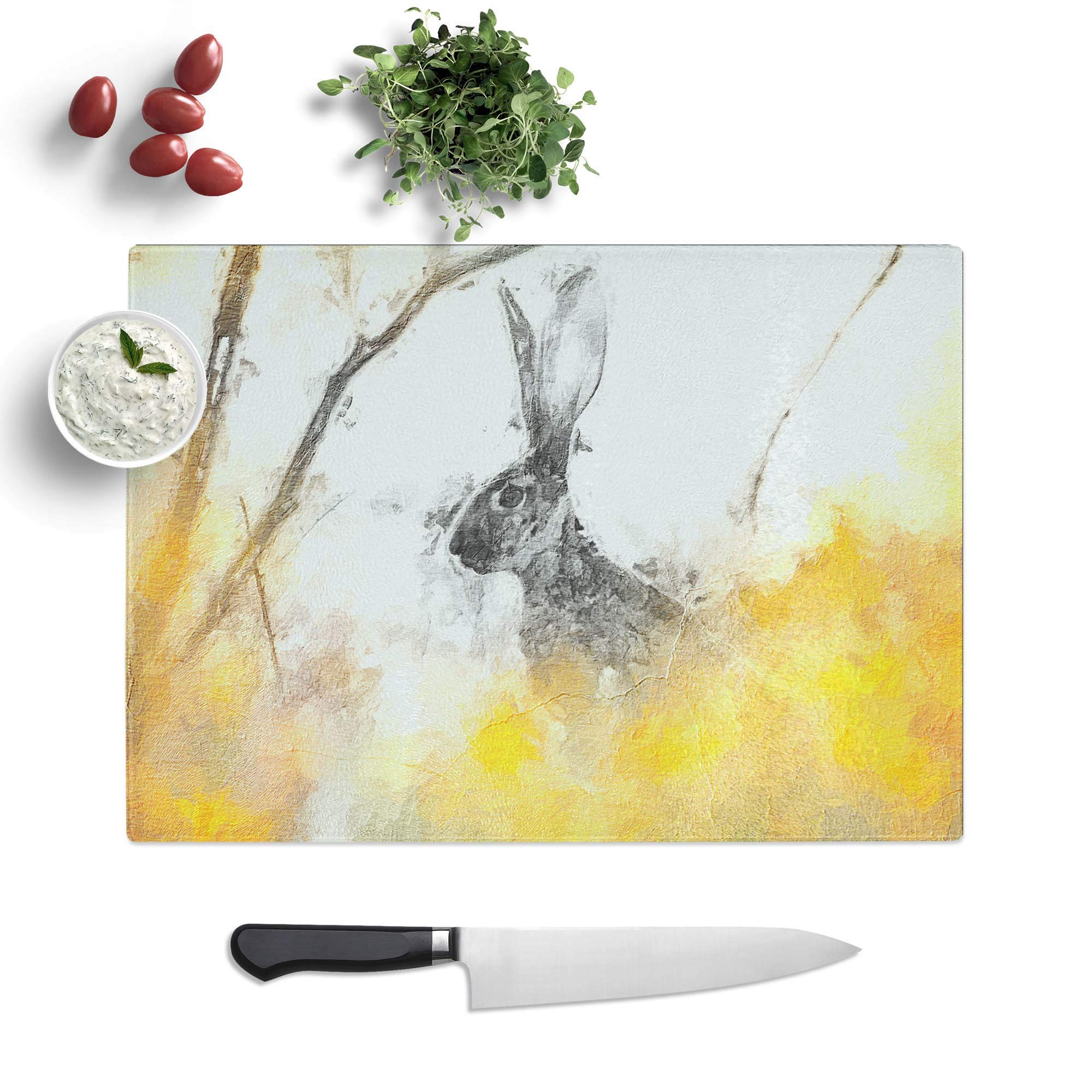 Glass Chopping Board - Alert Hare in The Meadow in Abstract - Textured Worktop Saver Cutting Board - Heat Resistant, Shatterproof and Hygenic - 28.5 x 20 cm