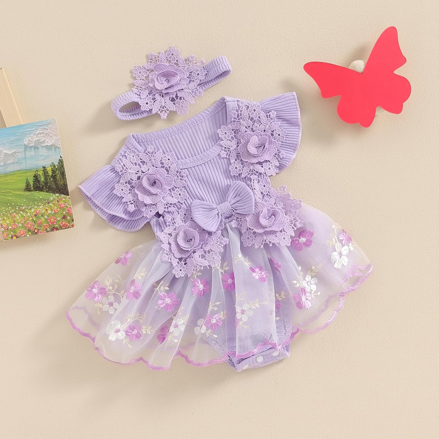 VISGOGO Baby Girl Romper Summer Dress Floral Mesh Infant Jumpsuit Tulle Dress - Image 3