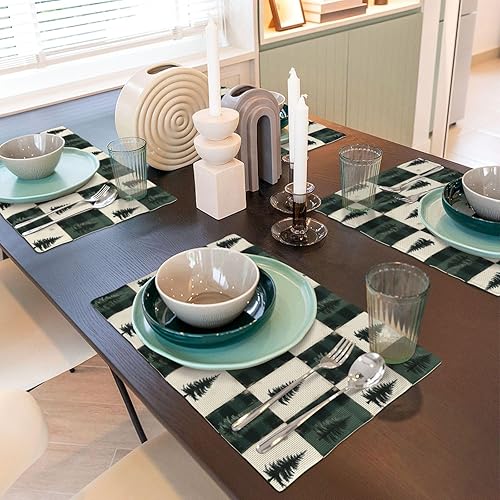 Miniatura 6 de Dining Table Placemats Set of 4-12x18 Inch Green Christmas Tree Plaid Print Faux Linen Double Heat Resistant Place Mats, Kitchen Table Mats,