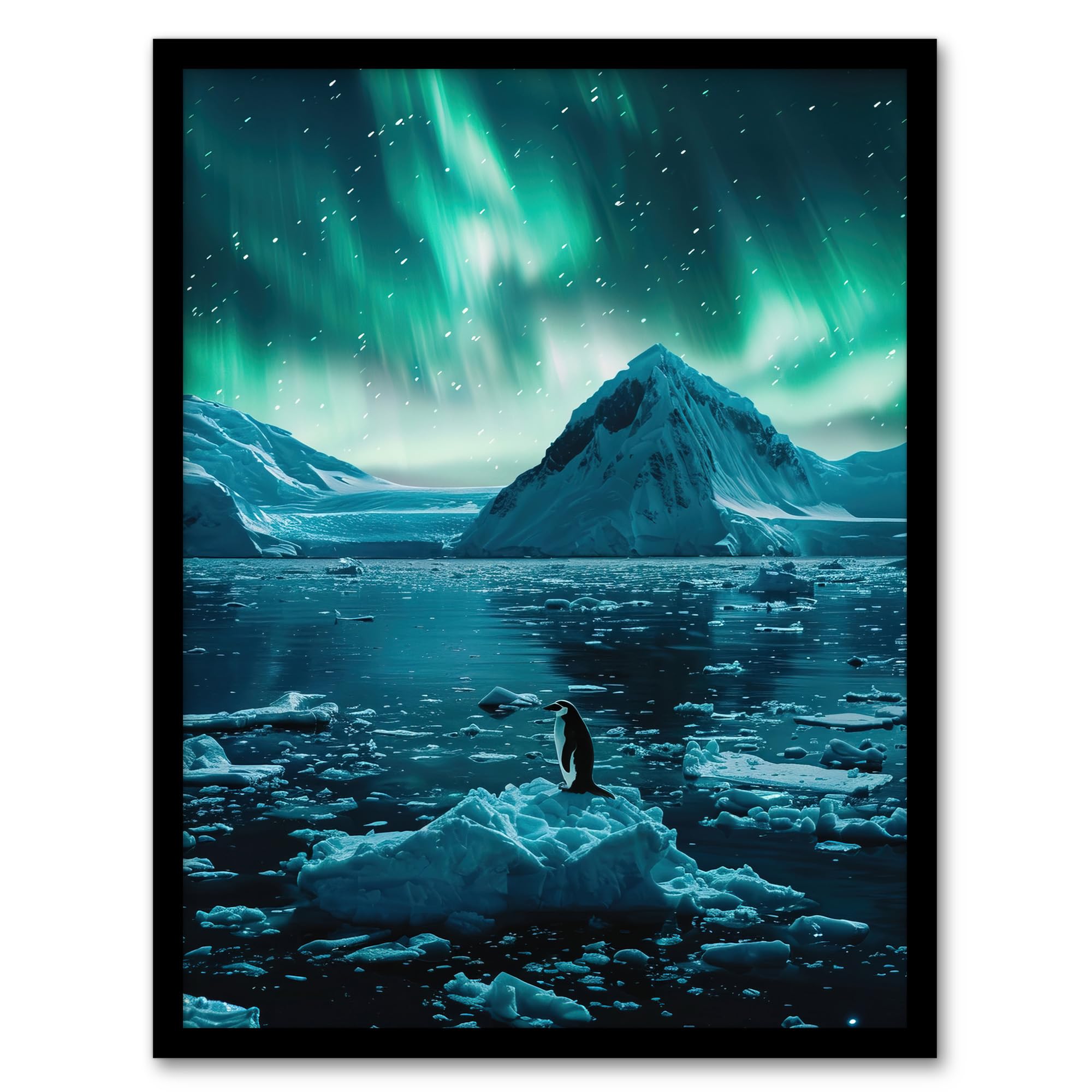 Artery8 Aurora Australis Penguin Antarctica Ice Landscape Wall Art PrintA4 Size