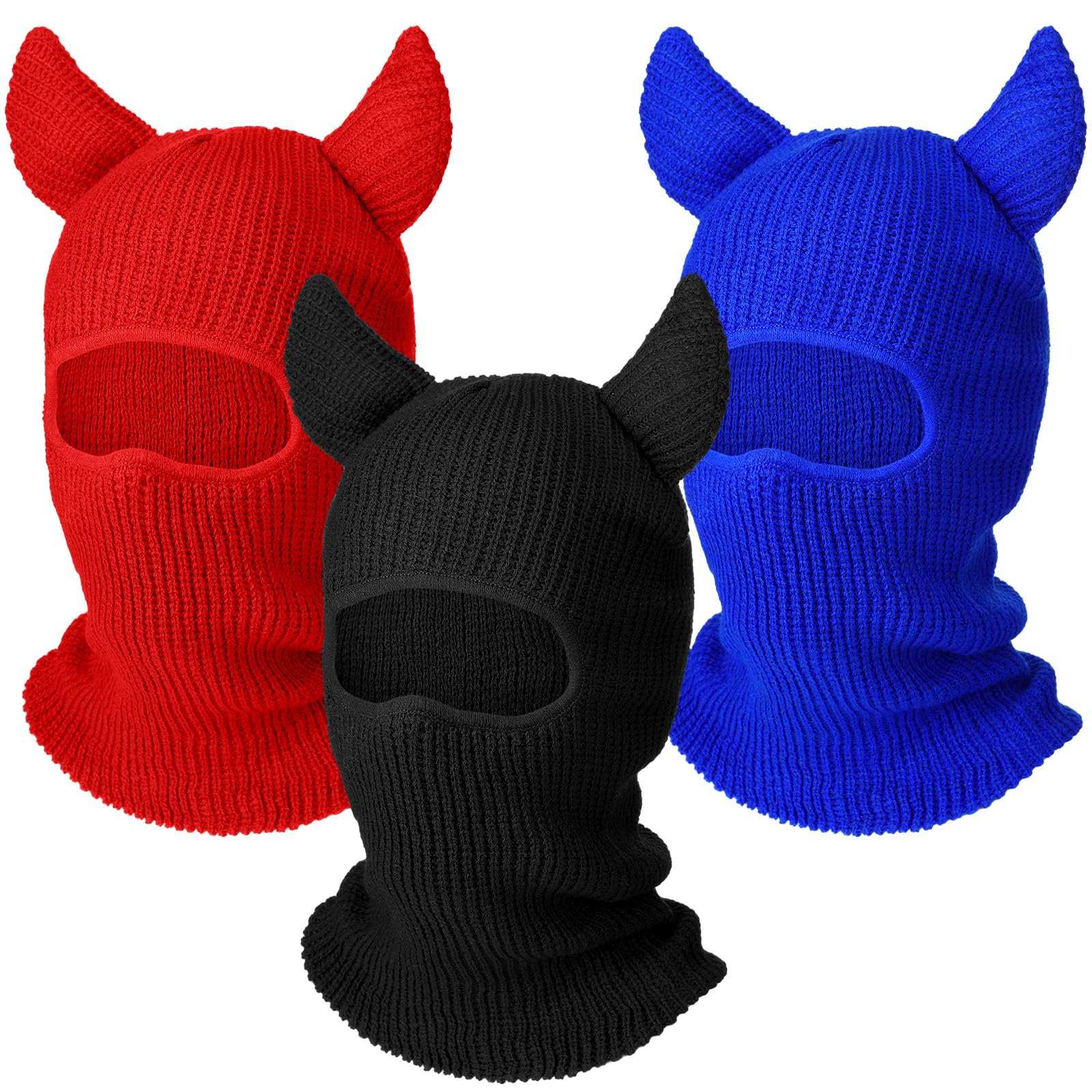 Funtery 3 Pcs 1 Hole Ski Mask with Horn Distressed Knitted Balaclava for Halloween Winter Thermal Hat for Skiing Cycling (Black, Blue, Red)