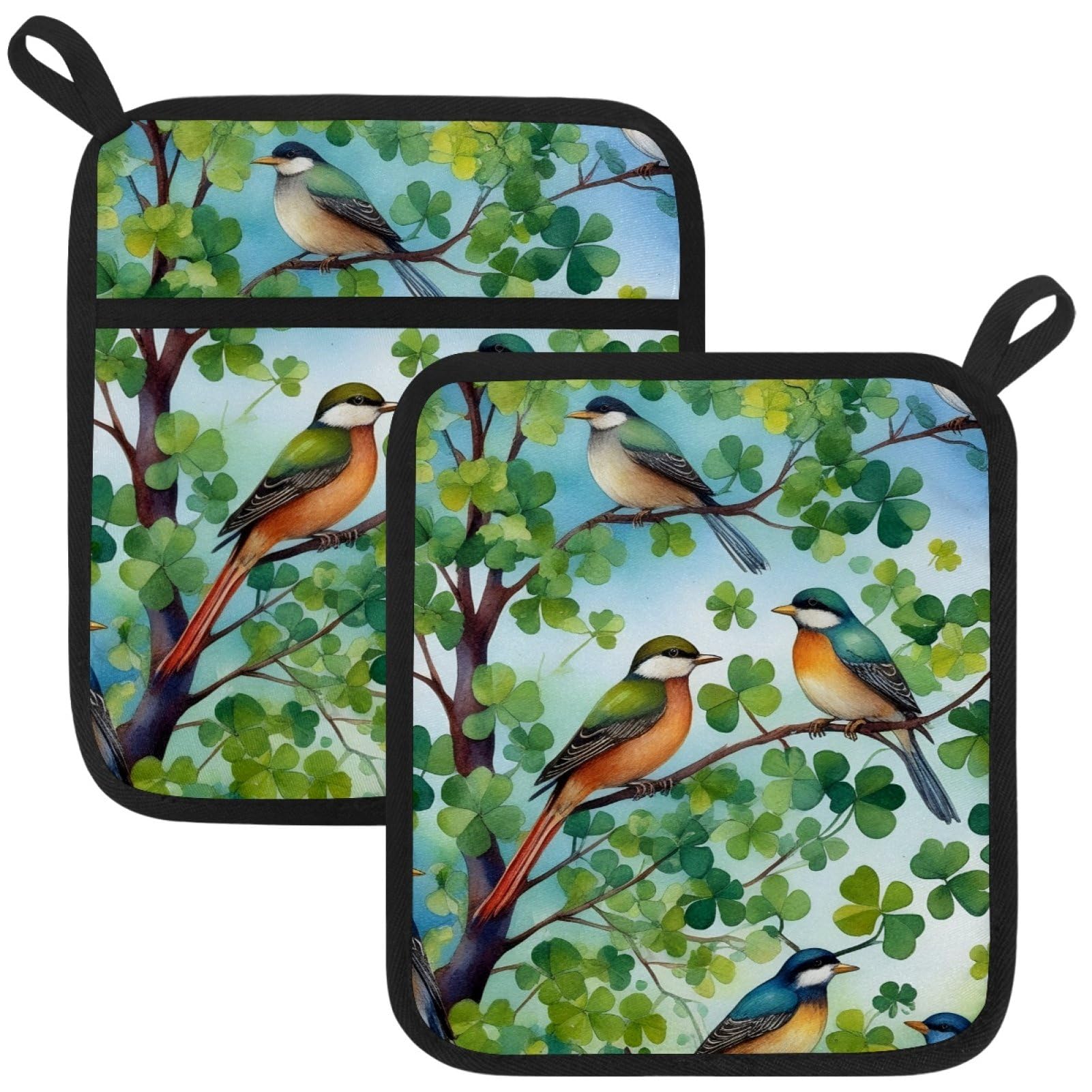 VAPOKF St. Patrick's Day Birds Heat Resistant Pot Holders, Thick Pot Holders Pad with Hanging Loop for Kitchen, Oven Cloth Pads for Kitchen Baking Microwave Oven