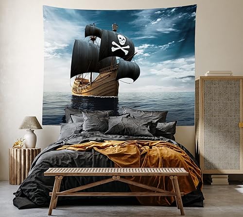 Miniatura 9 de Loccor Tapiz de pared de barco de 6 x 4 pies, diseño de barco pirata que lucha por la tormenta, paisaje, vela, para colgar en la pared, fondo