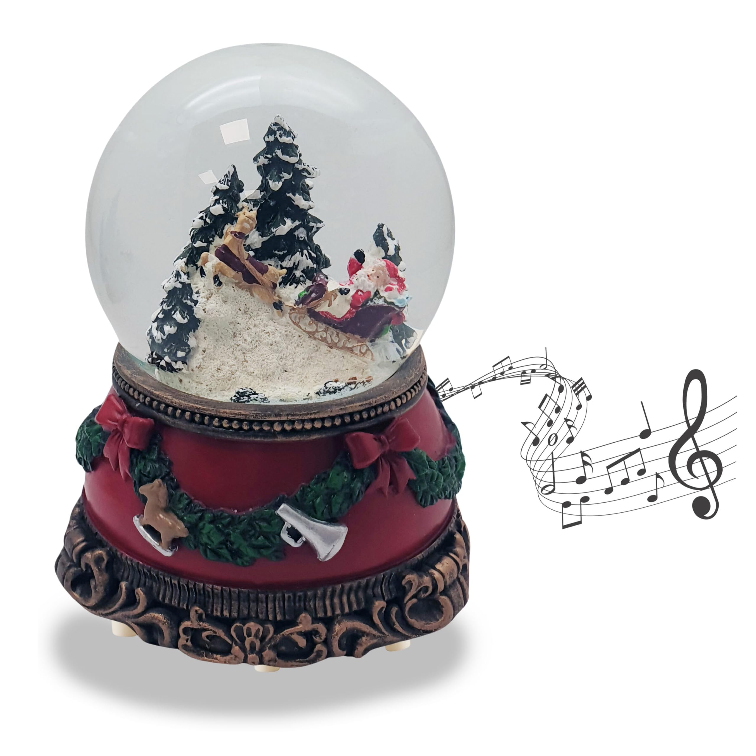 Schneekugel Weihnachten Spieluhr | Santa im Schlitten | Sockel Weihnachten rot Tannengirlande | mit Musik | Schüttelkugel Weihnachtsdekoration | B: 10 cm H: 14 cm | 20276