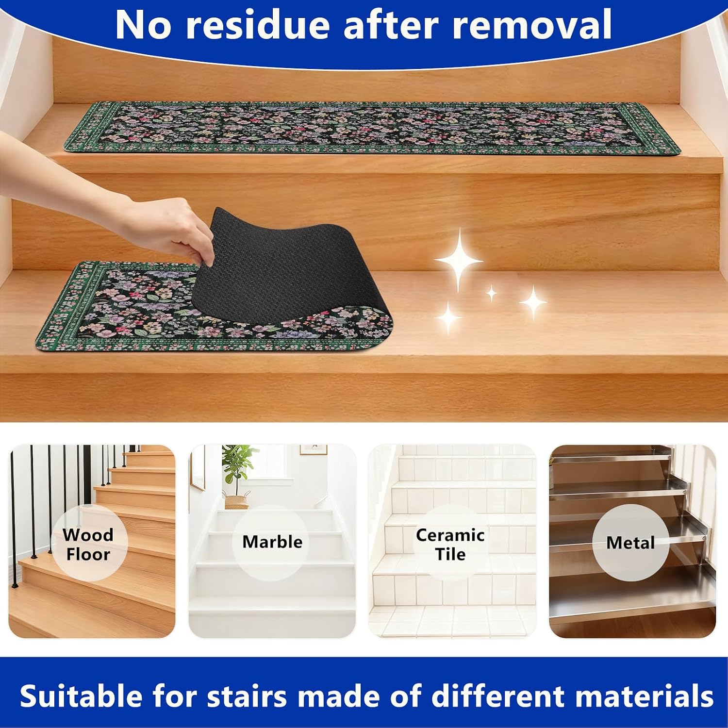 Vintage Floral Stair Treads Non Slip Carpet Stair Treads for Wooden Steps Indoor 15PCS 30"x8" Stair Runner Stair Mats Safety Staircase Step Treads for Elders Kids Dogs Dark Green