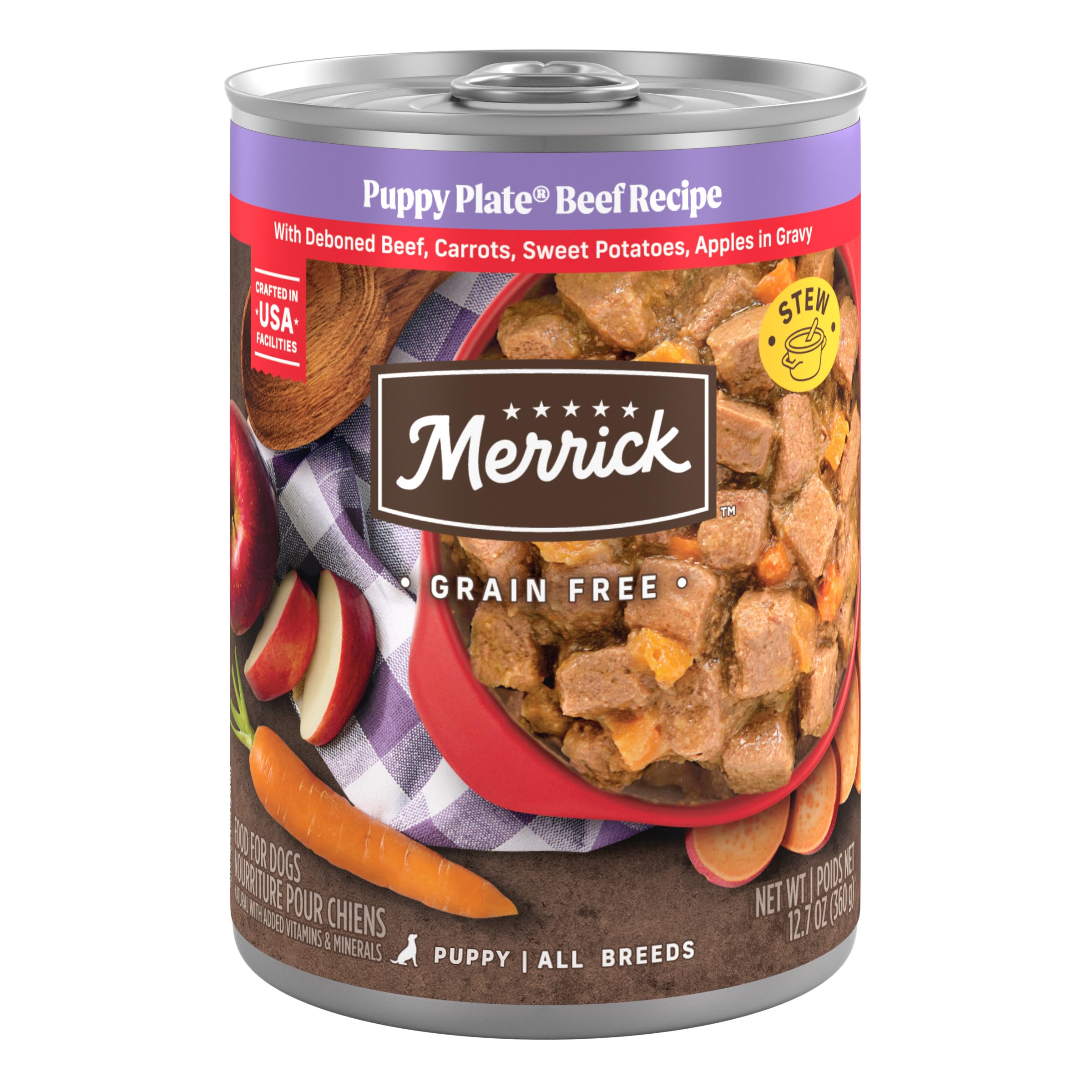 Merrick Grain Free Wet Puppy Food, Premium Soft And Gluten Free Canned Dog Food, Puppy Plate Beef Recipe - (Pack of 12) 12.7 oz. Cans