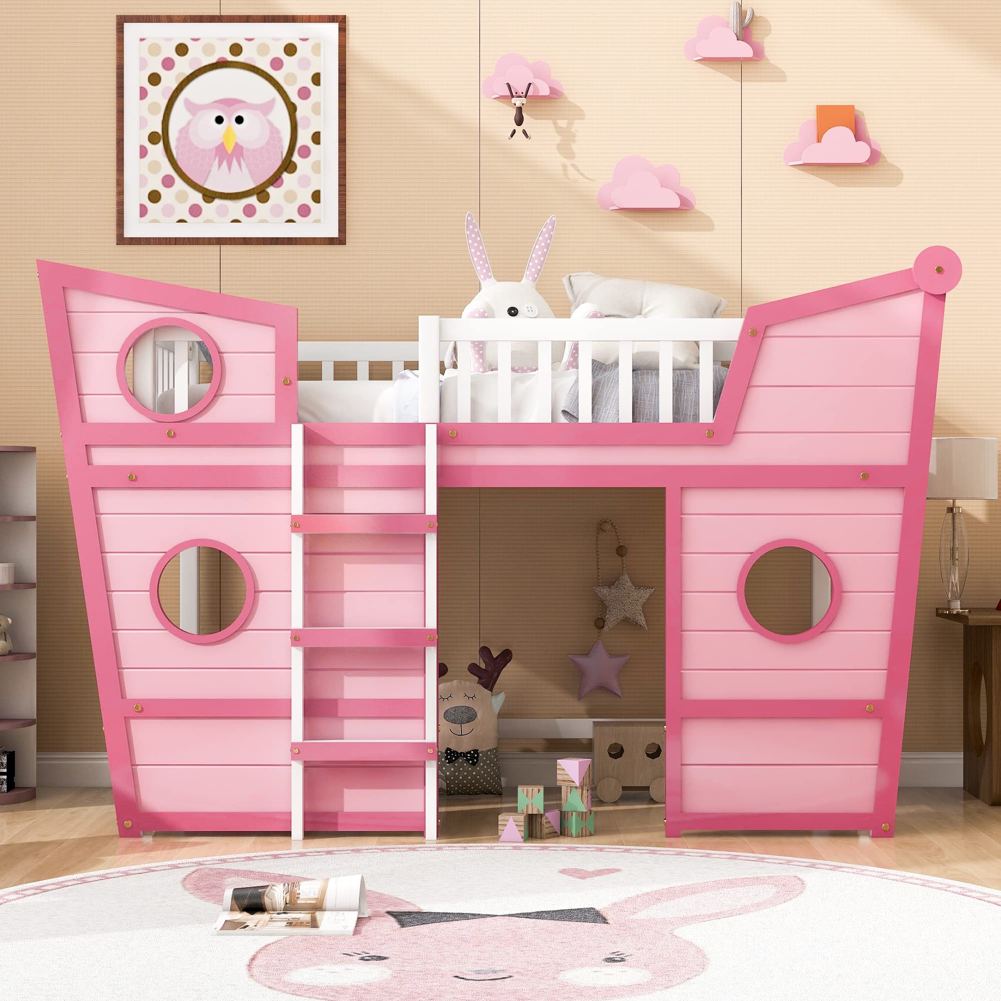 FIQHOME Full Size Kids Loft Bed,Wood Full Loft Bed with Boat Shape Design,Twin Size Loft Bed with Under Bed Storage Space for Girls Boys Bedroom (Pink) Incomplete (1/2)