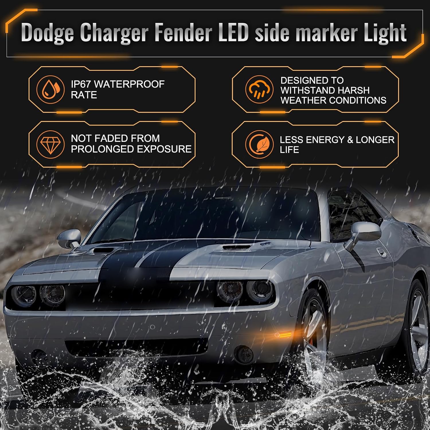 POPMOTORZ Amber LED Side Marker Lights Assembly Compatible With 2008-2014 Dodge Challenger, 2011-2014 Front Fender LED Bumper Side Marker Lights Lamps Smoked Lens 2PCS