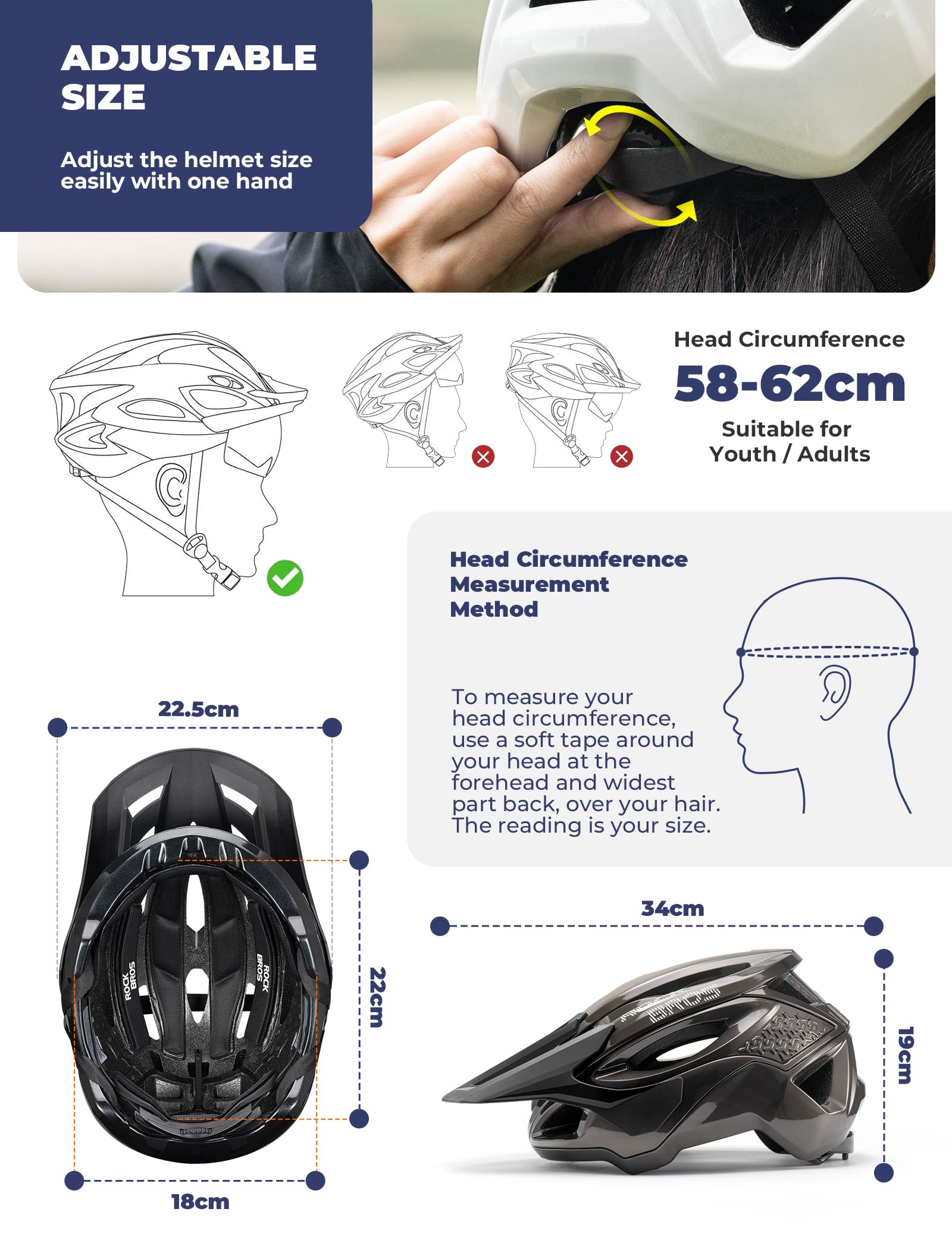 ROCKBROS Casco da Bicicletta con Visiera Regolabile Casco Bici Protezione Massima, Ventilazione Eccellente e Traspirante, con Chiusura Magnetica, Uomo Donna per MTB Ciclismo Downhill 58-62cm