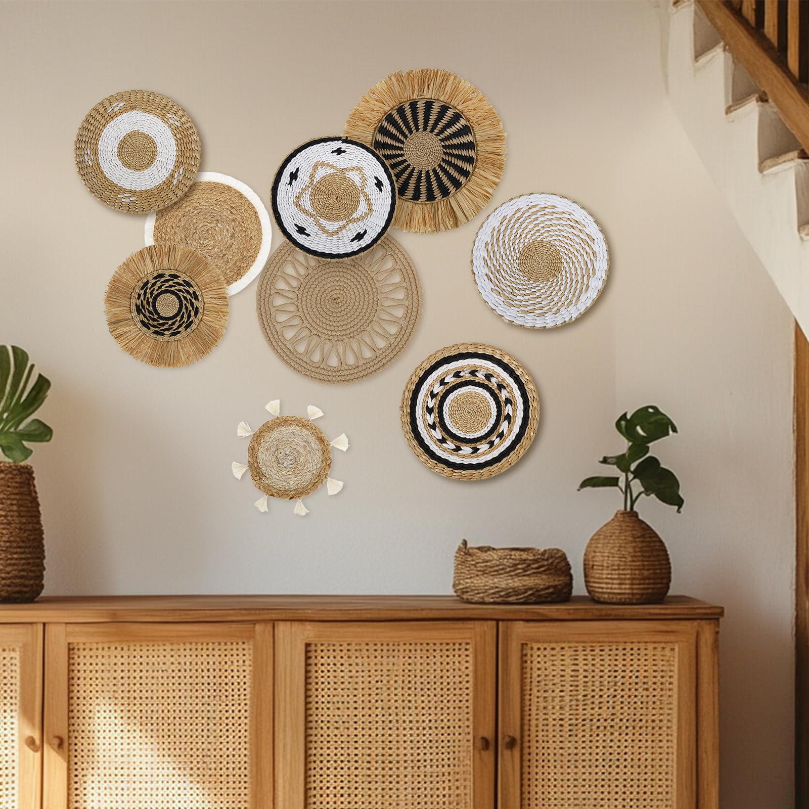 9 Pcs Boho Wall Baskets, Rustic Hanging Handmade Round Woven Wall Decor, Rattan Woven Basket Set for Living Room, Rustic Flat Elegant, Farmhouse, Bedrooms, Table Settings, Kitchen Home