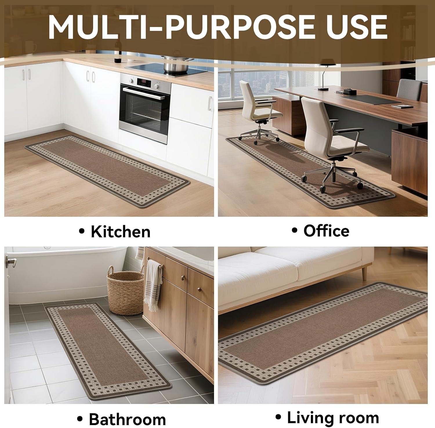 Kitchen Mats for Floor, 17''x30''+17''x47''Kitchen Rugs Set of 2, Washable Absorbent Kitchen Mat Non Slip, Braided Kitchen Runner Rug, Kitchen Sink Rug, Brown